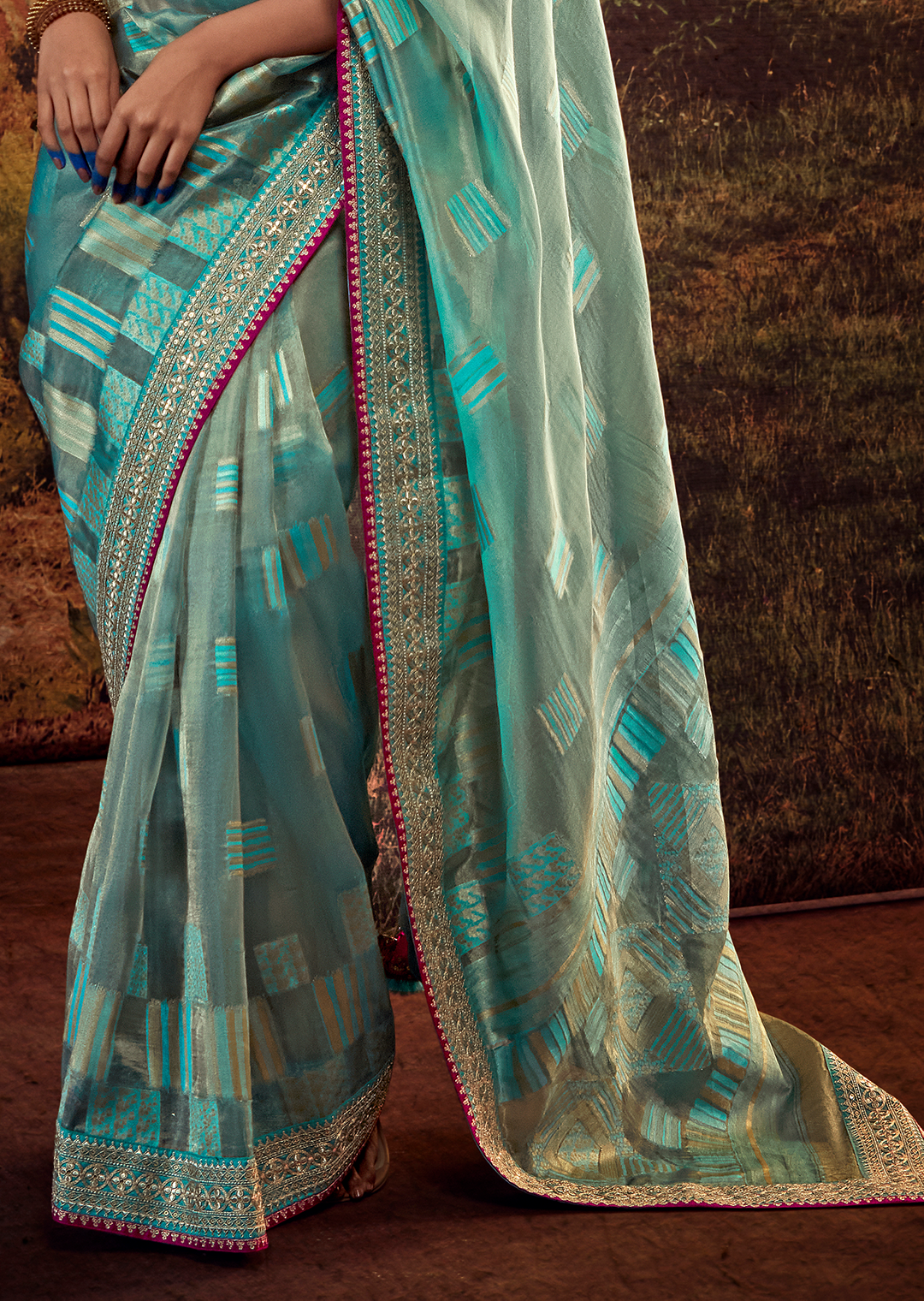 AQUA BLUE PURE TISSUE SILK DESIGNER SAREE