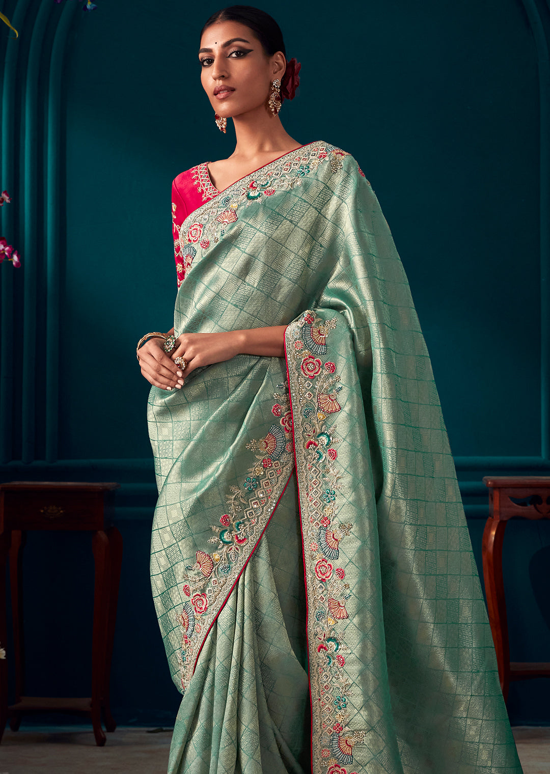 PERSIAN GREEN HEAVY EMBROIDERED BROCADE DESIGNER KANJIVARAM SILK SAREE