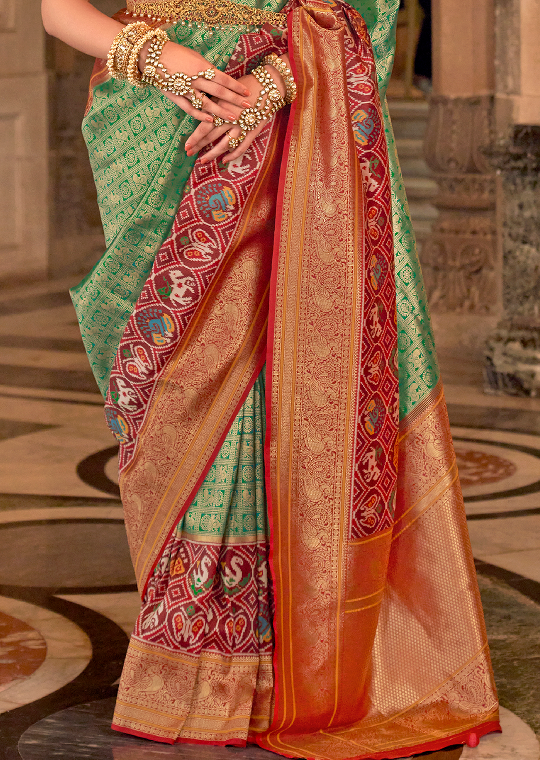 Jade Green & Red	Woven Royal Patola Kanjivaram Silk Saree