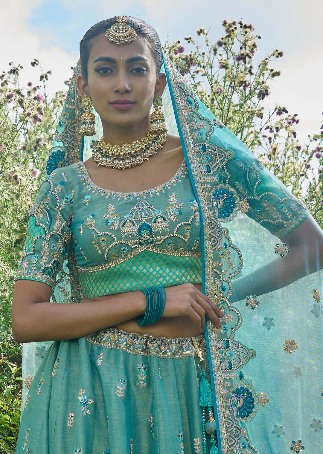 Aqua Marine Blue Hand Worked Premium Designer Silk Lehenga