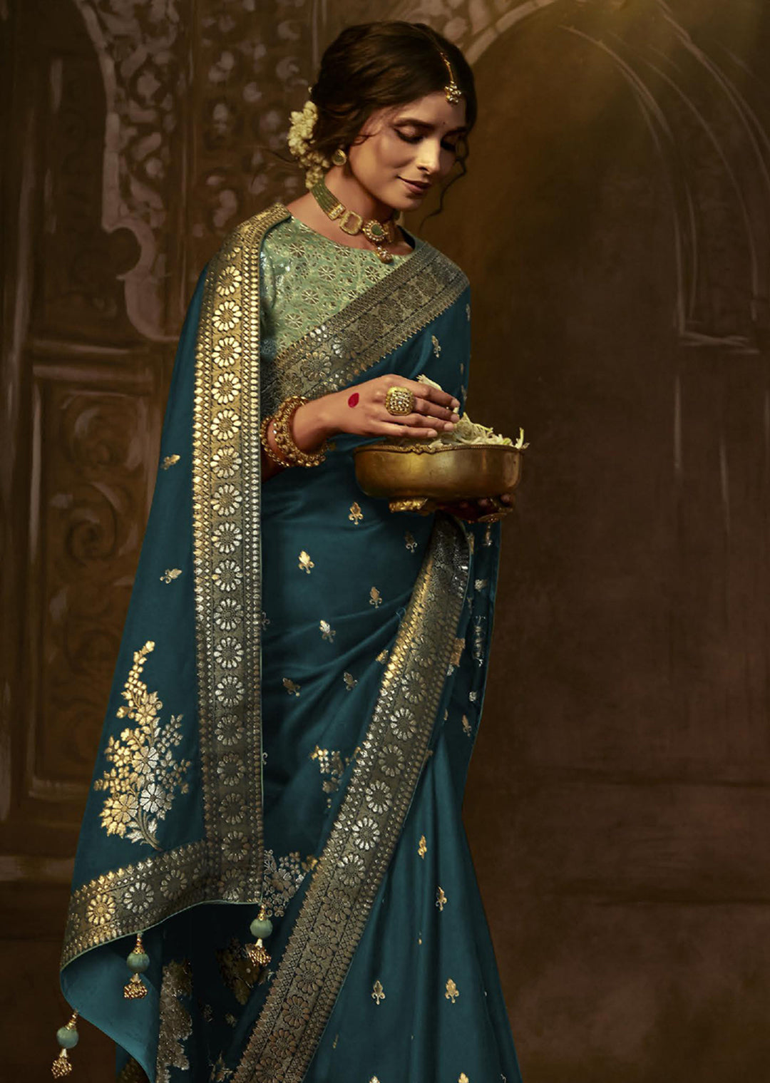 DEEP TEAL BLUE 	WOVEN PURE CREPE SILK DESIGNER BANARASI SAREE