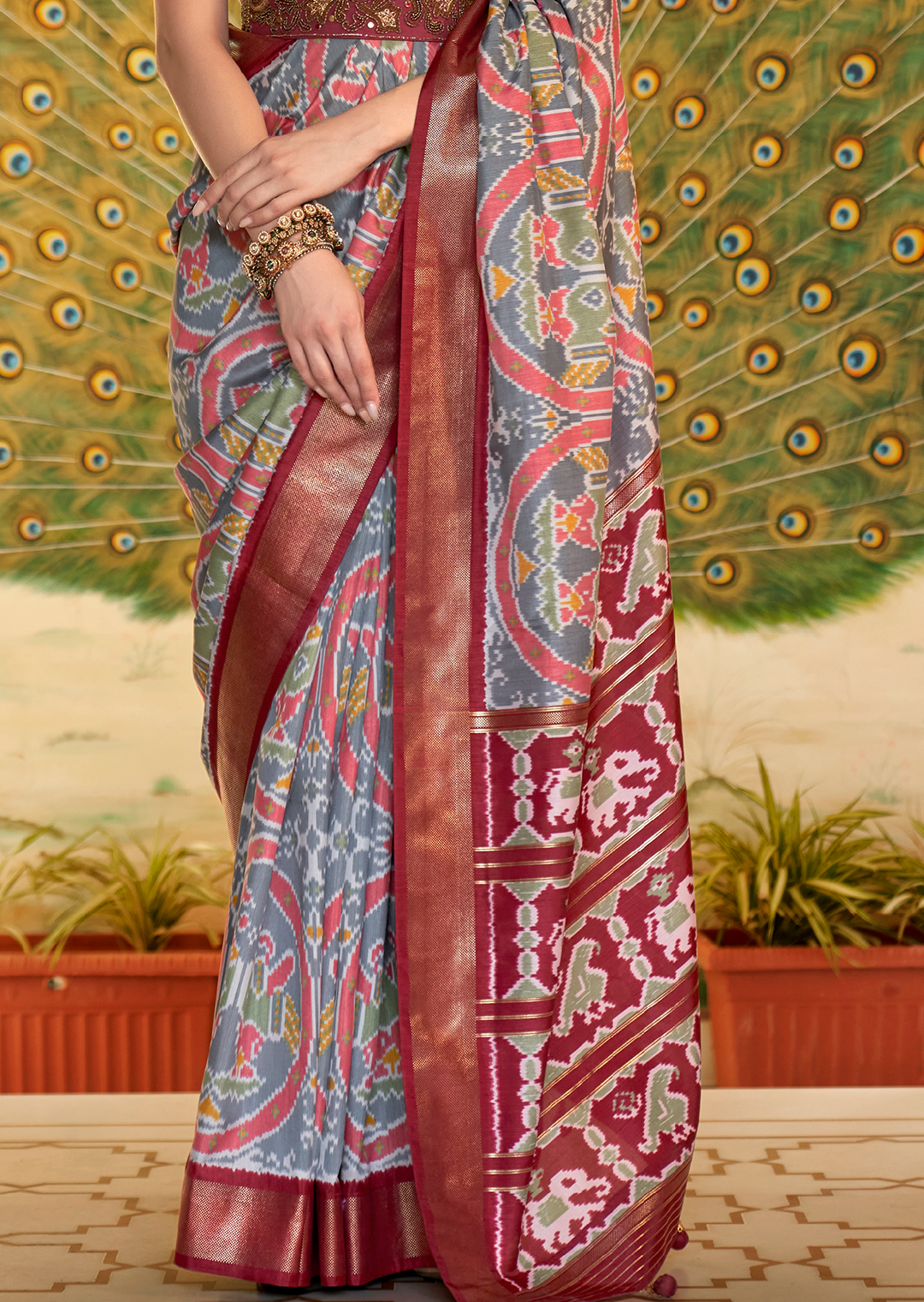 Cloud Grey Woven Royal Traditional Patola Silk Saree