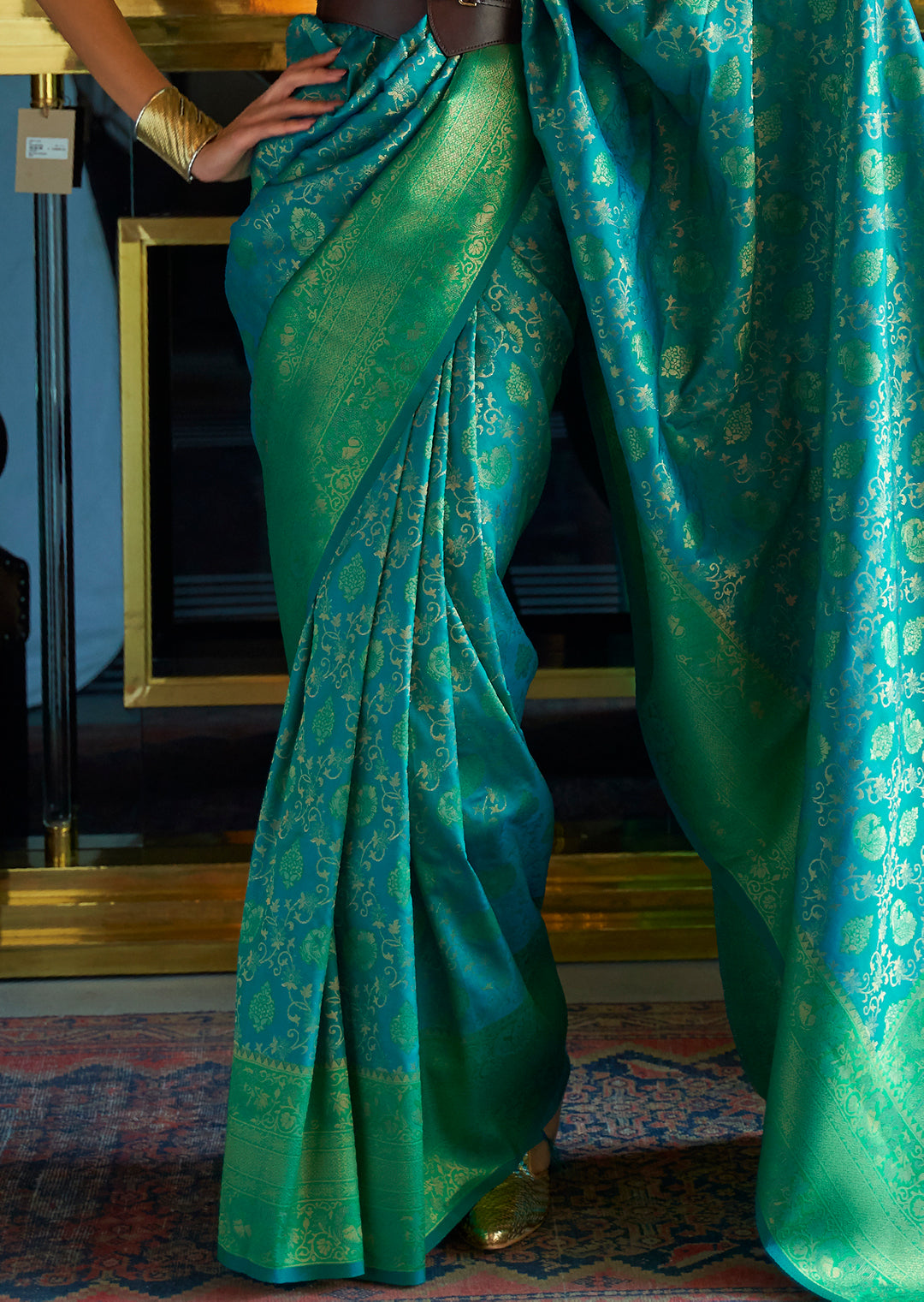 Teal Green Zari Woven Pure Handloom Kanjivaram Silk Saree