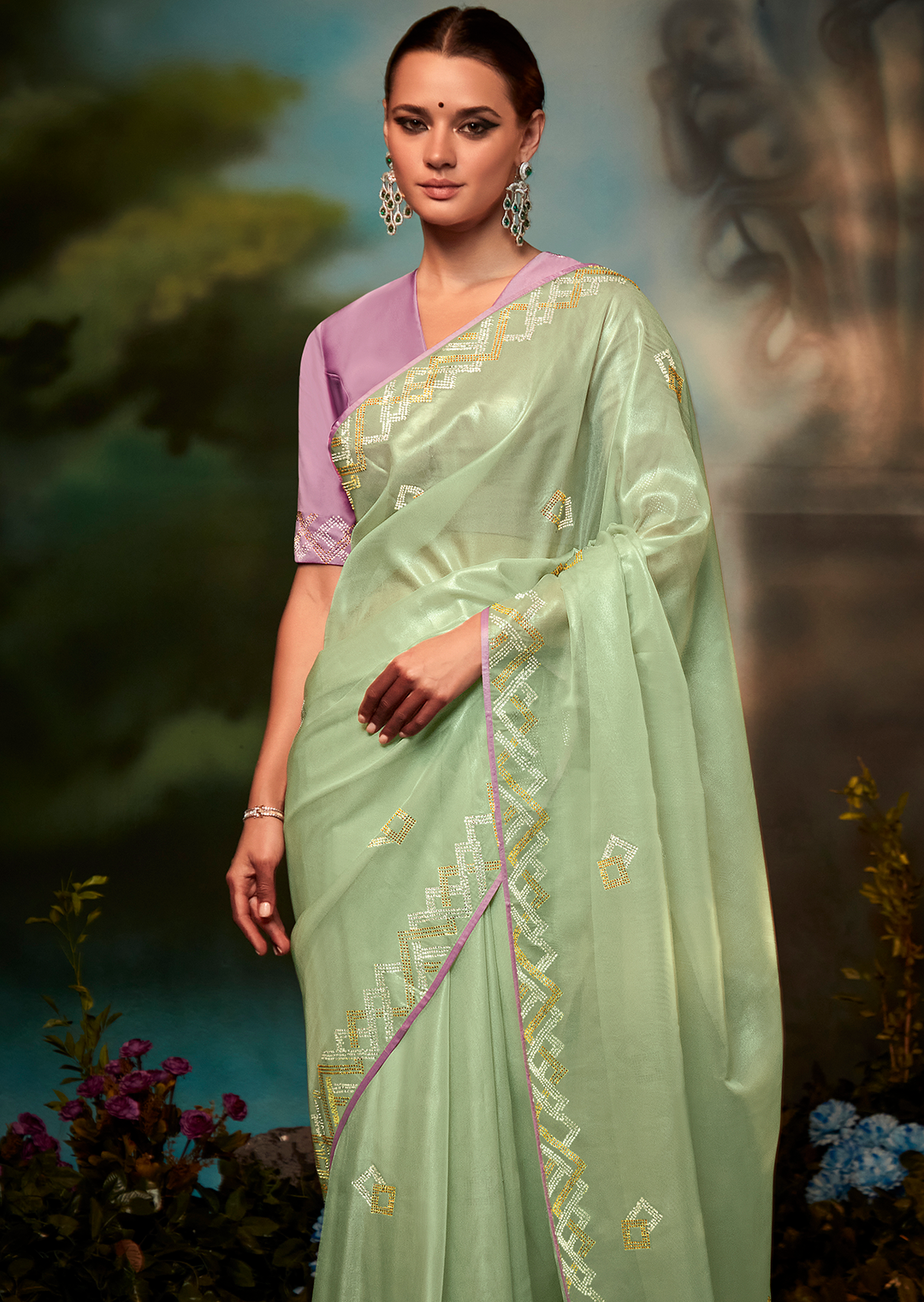 MINT GREEN PURE TISSUE SILK SWAROVSKI DESIGNER SAREE