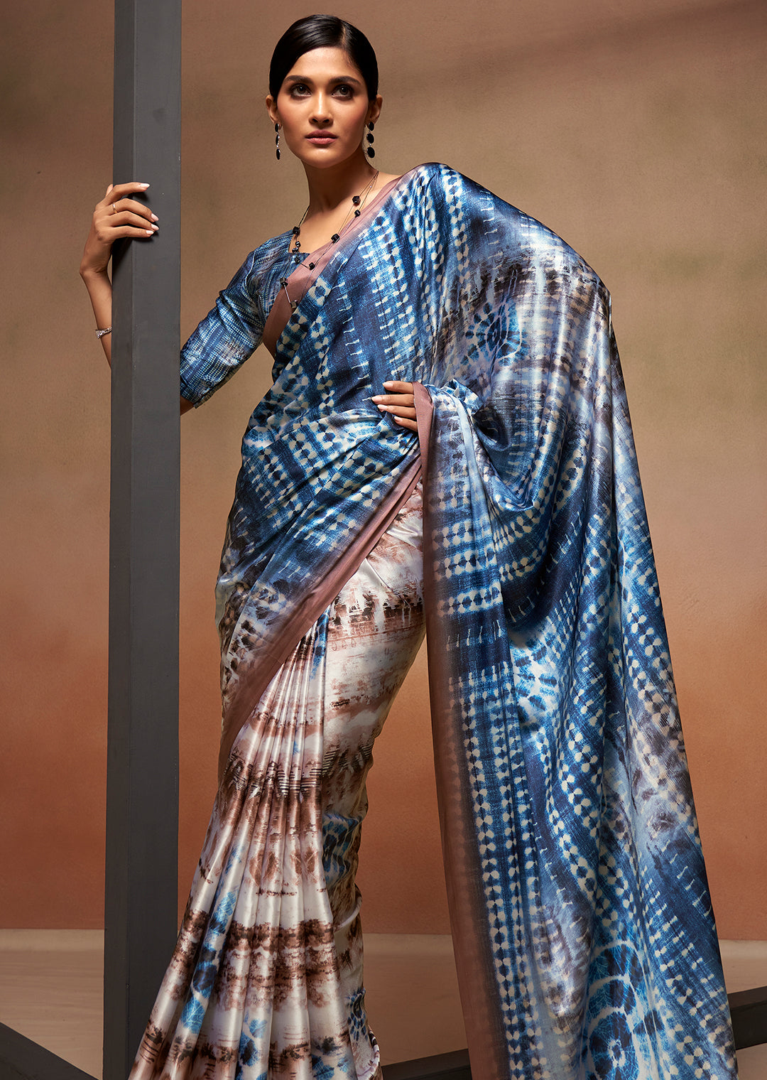 Steel Blue Woven Digital Printed Satin Crepe Silk Saree