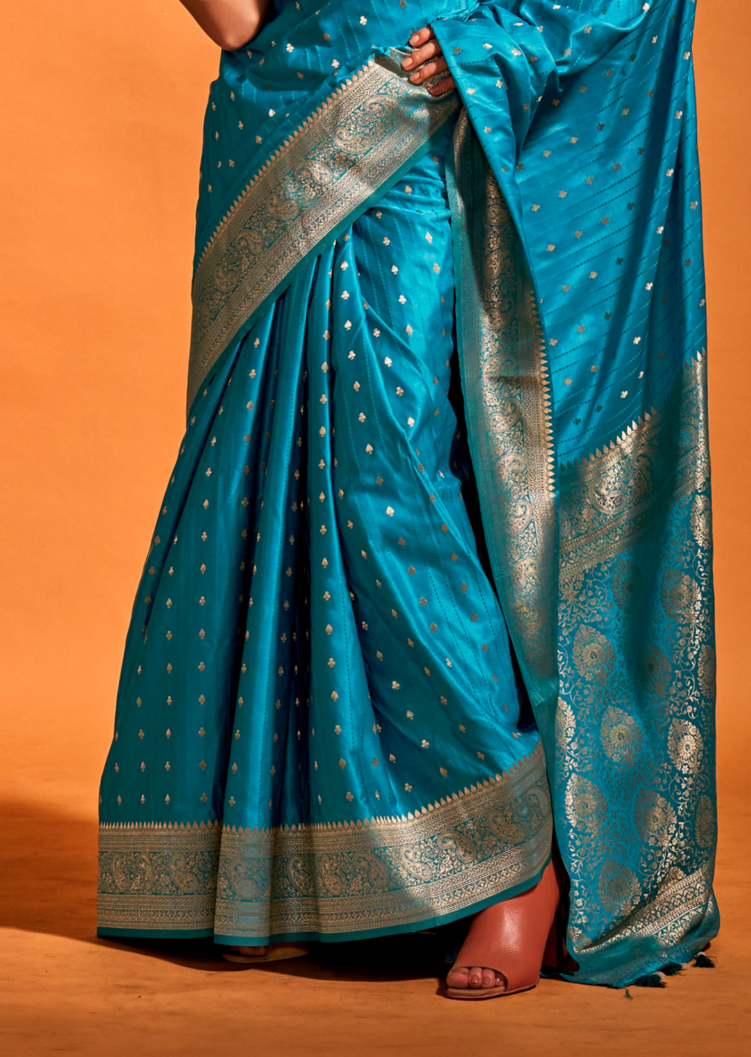 Teal Blue Zari Woven  Handloom Pure Banarasi Satin Silk Saree