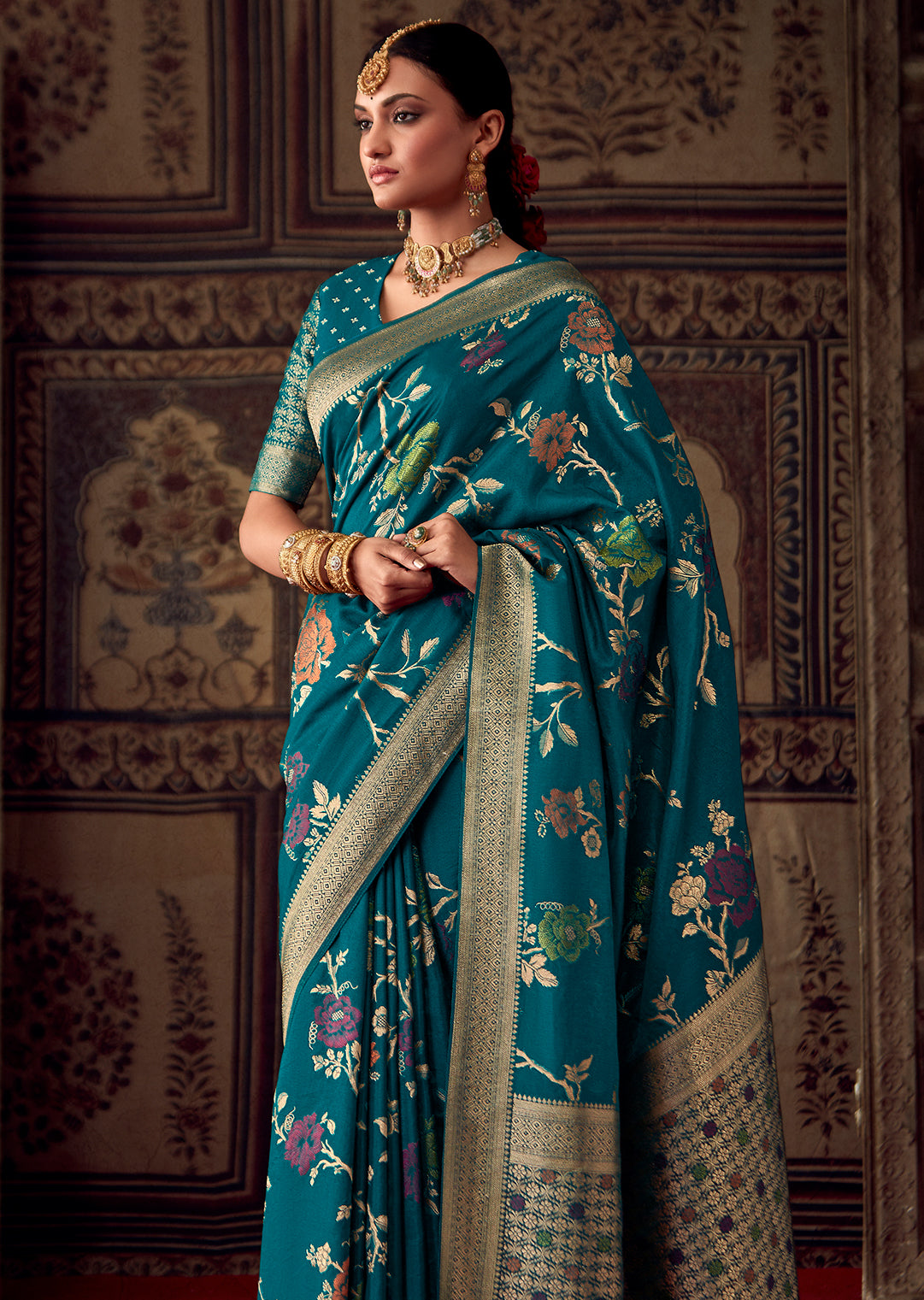 TEAL BLUE MEENAKARI WOVEN DESIGNER BANARASI SILK SAREE