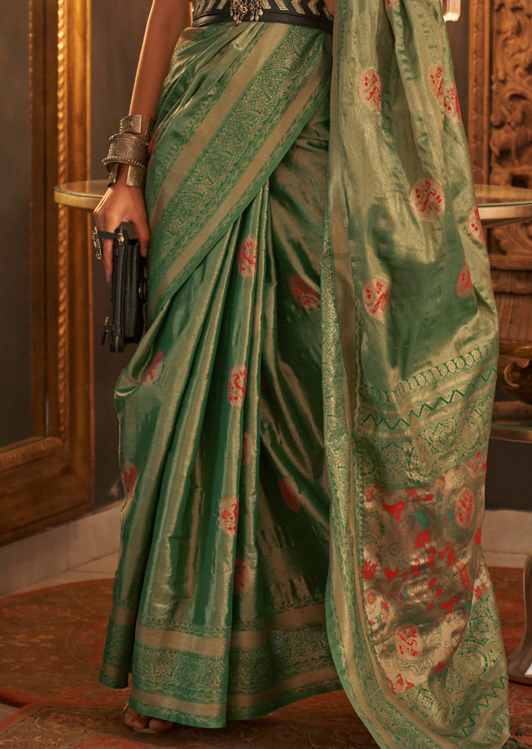 Jade Green Zari Woven Pure Handloom Kanjivaram Silk Saree