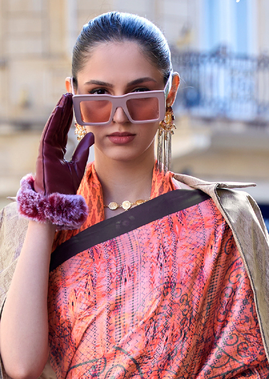 Georgia Peach Orange Woven Digital Printed Satin Crepe Silk Saree