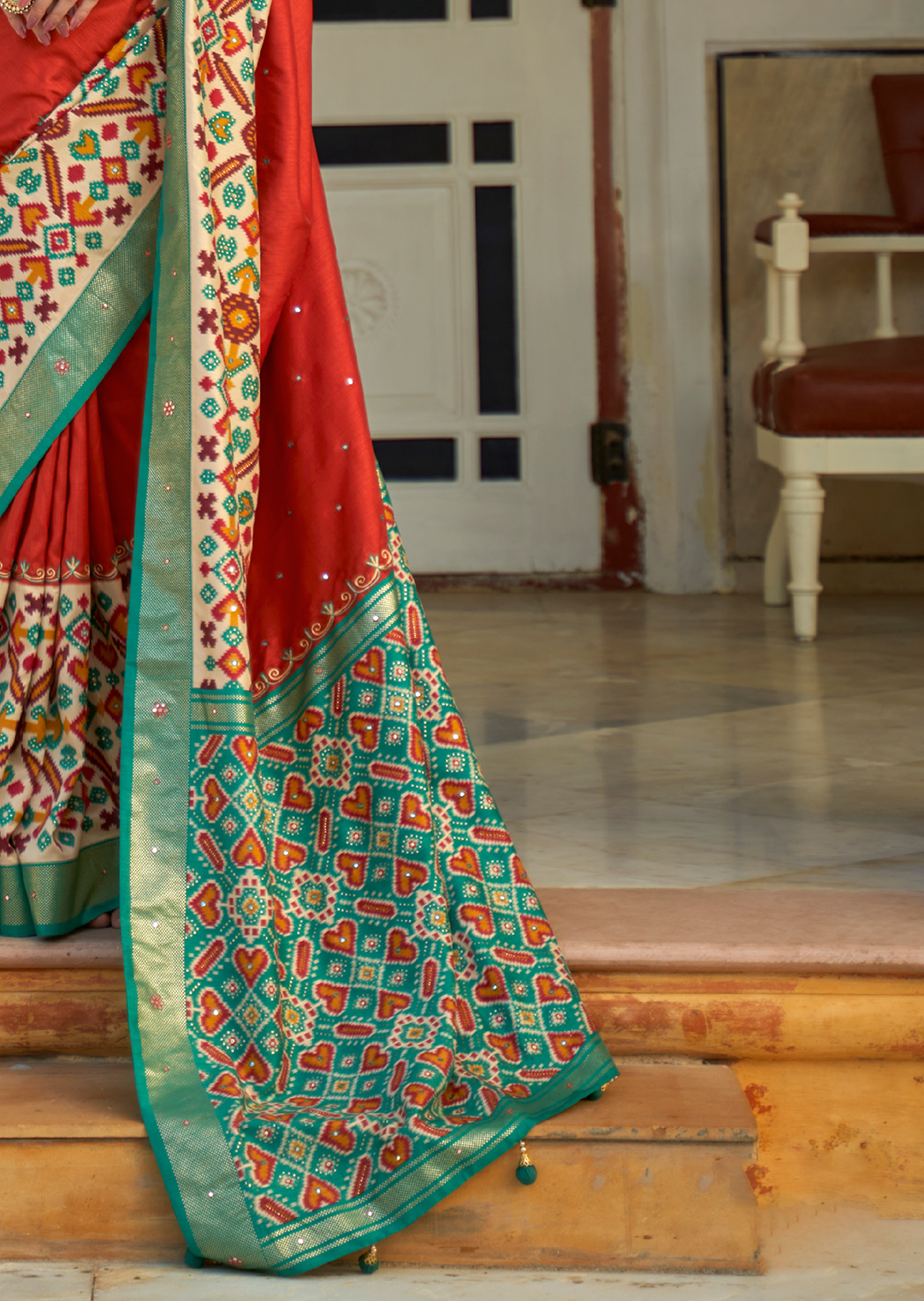 Coral Red Woven Traditional Patola Silk Saree