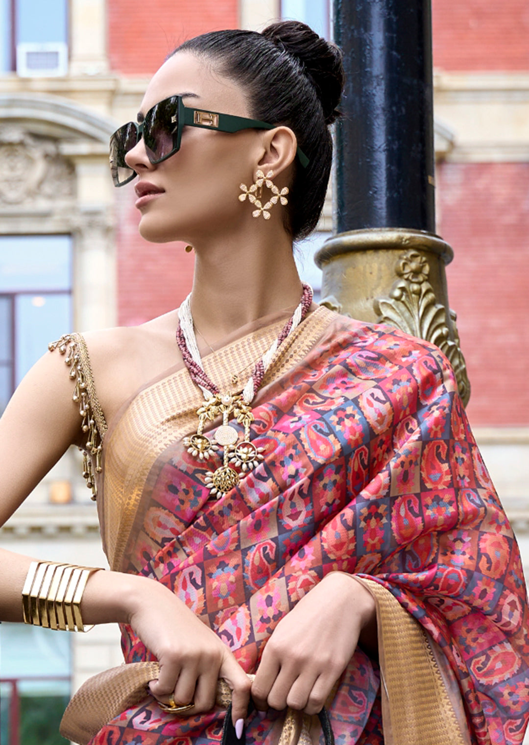 Pink Woven Pure Satin Organza Silk Saree