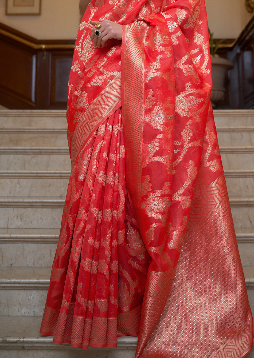 COPPER RED	ZARI WOVEN HANDLOOM ORGANZA SILK SAREE