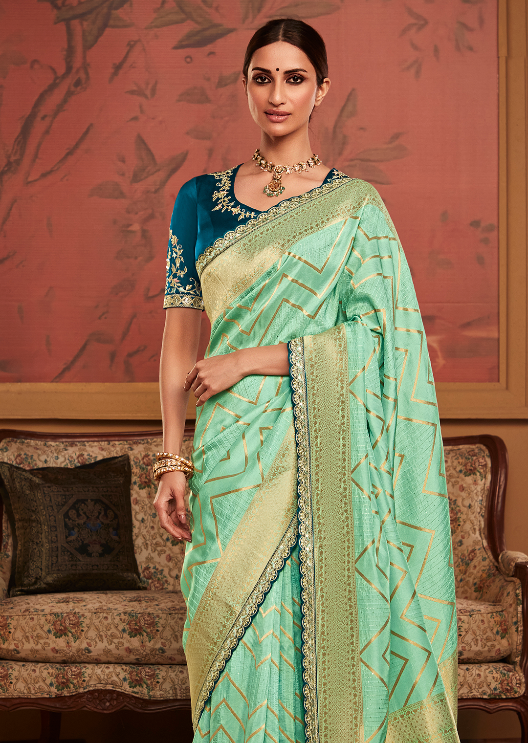 PEARL AQUA  PURE CREPE SILK DESIGNER BANARASI SAREE