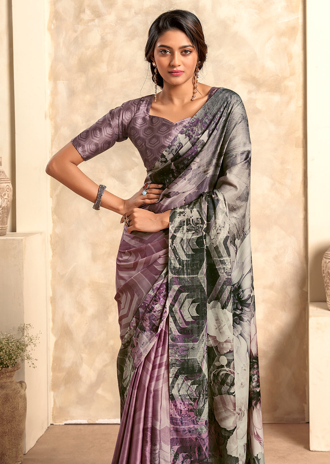 Heather Purple Woven Digital Printed Crepe Silk Saree