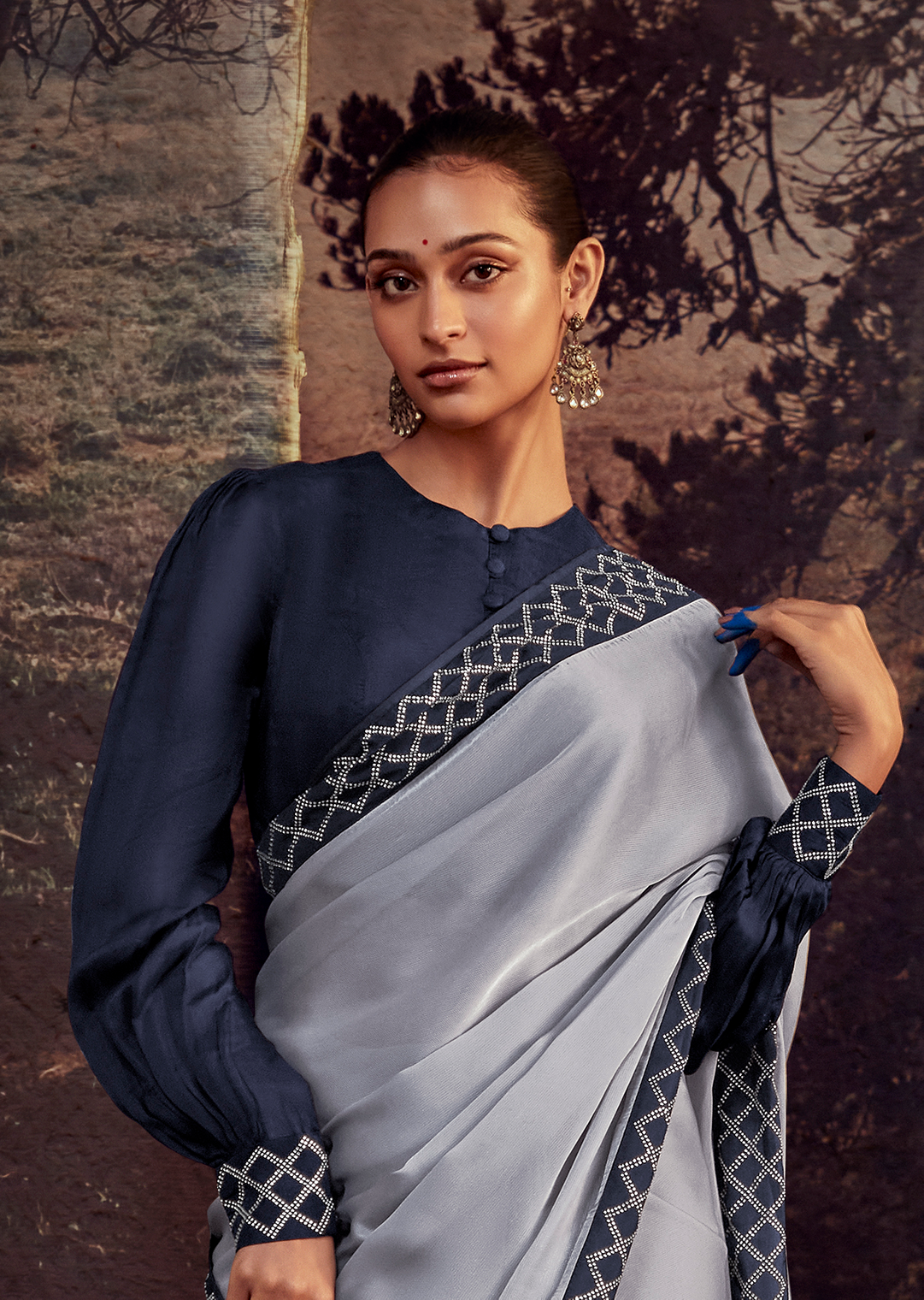 PIGEON GREY PURE SATIN TISSUE DESIGNER SILK SAREE