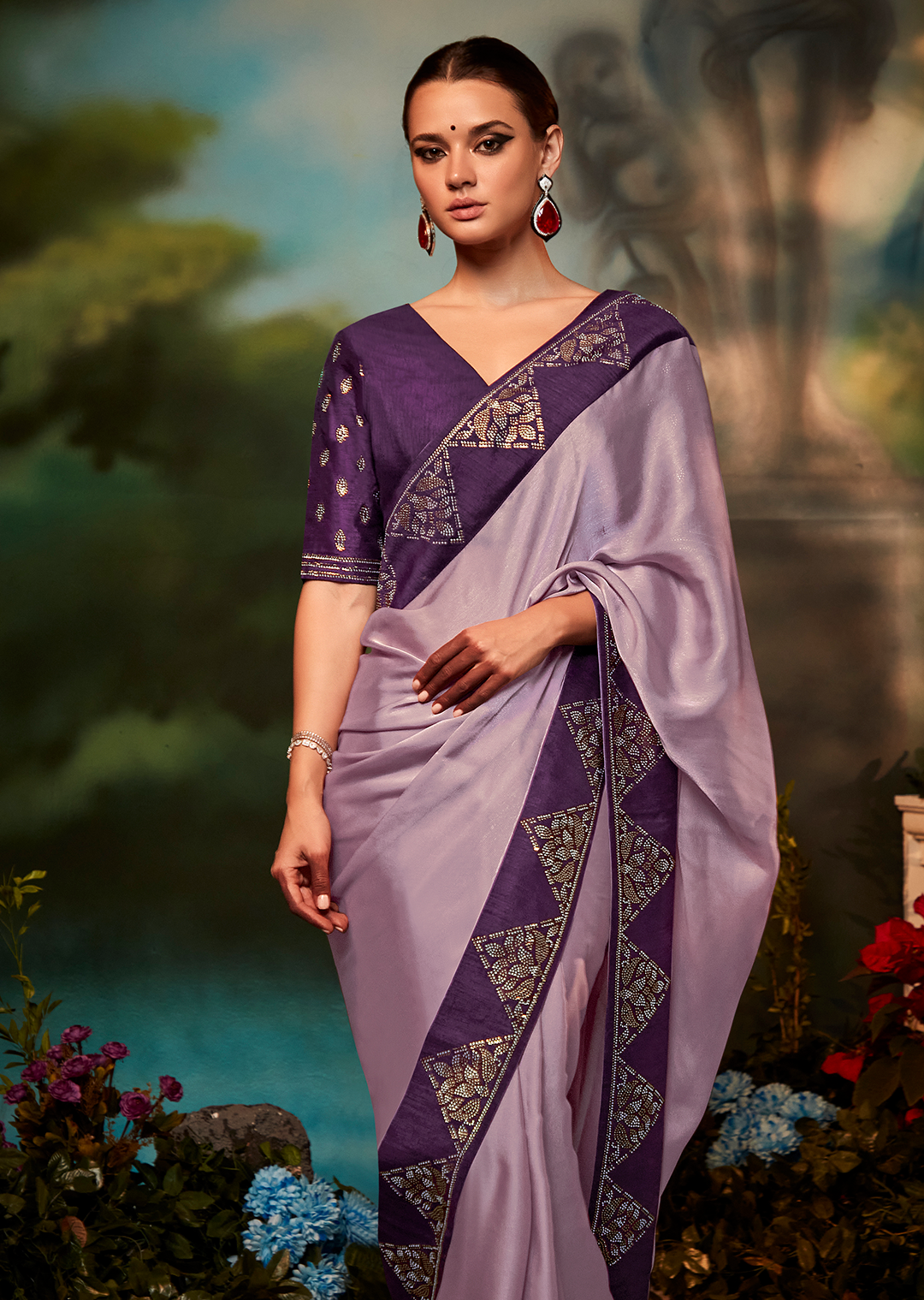 LAVENDER PURE CREPE SILK SWAROVSKI DESIGNER SAREE