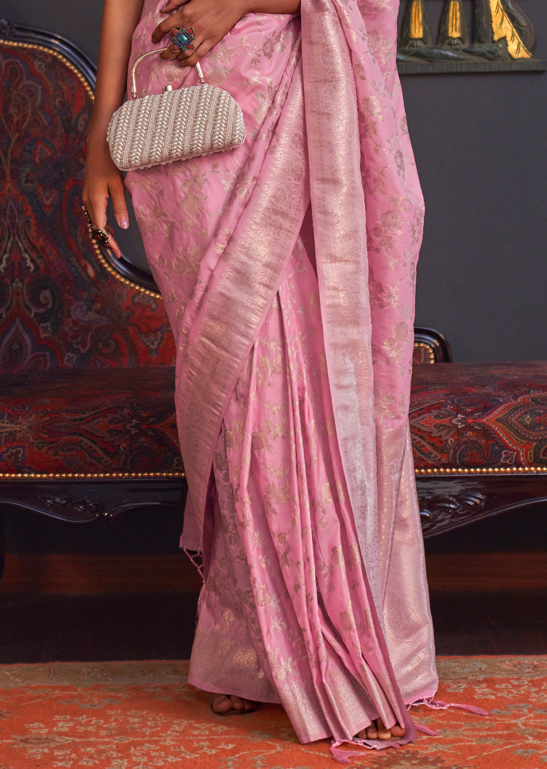 Carnation Pink Woven Pure Handloom Katan Silk Saree