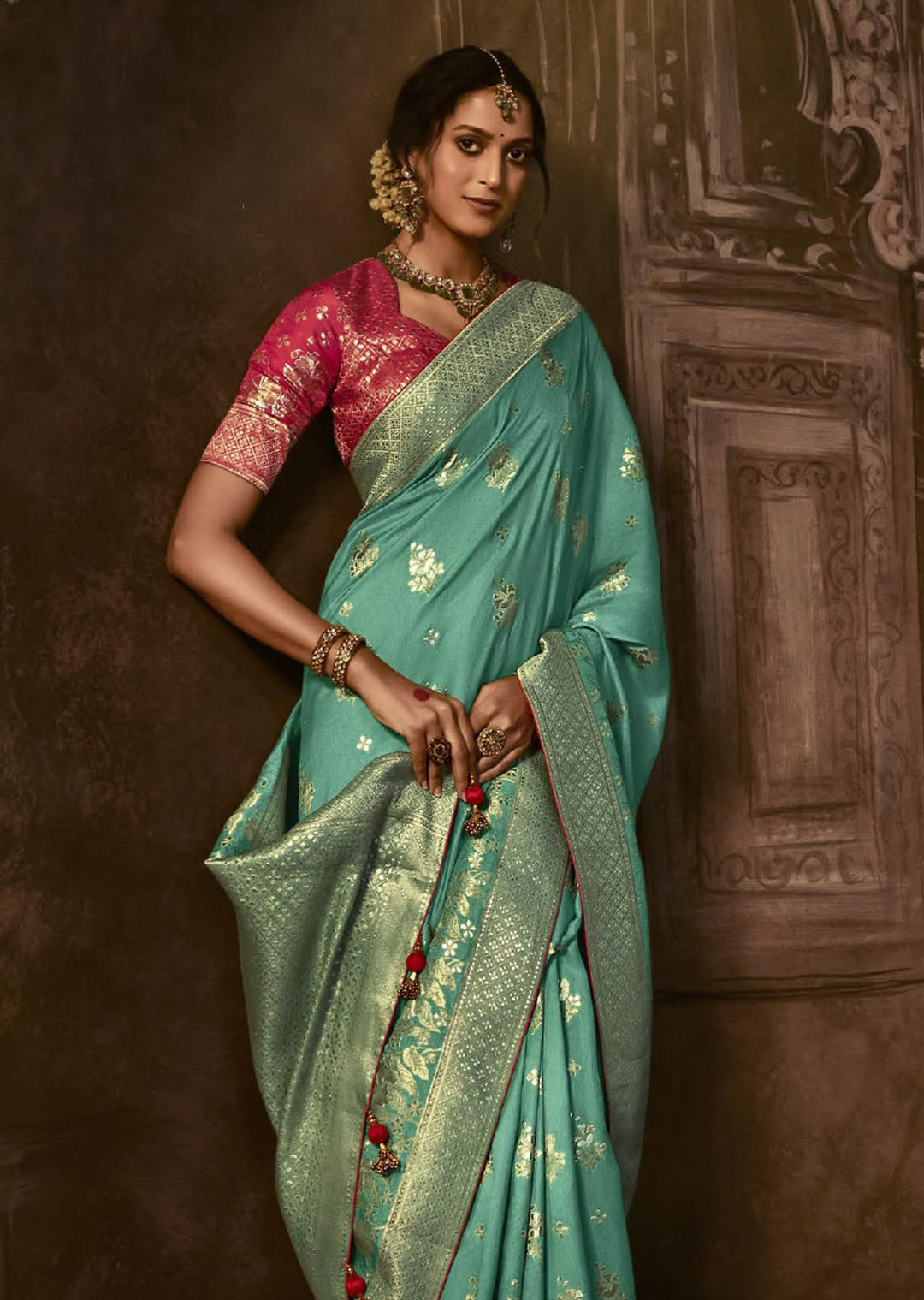 PEARL AQUA BLUE WOVEN PURE CREPE SILK DESIGNER BANARASI SAREE