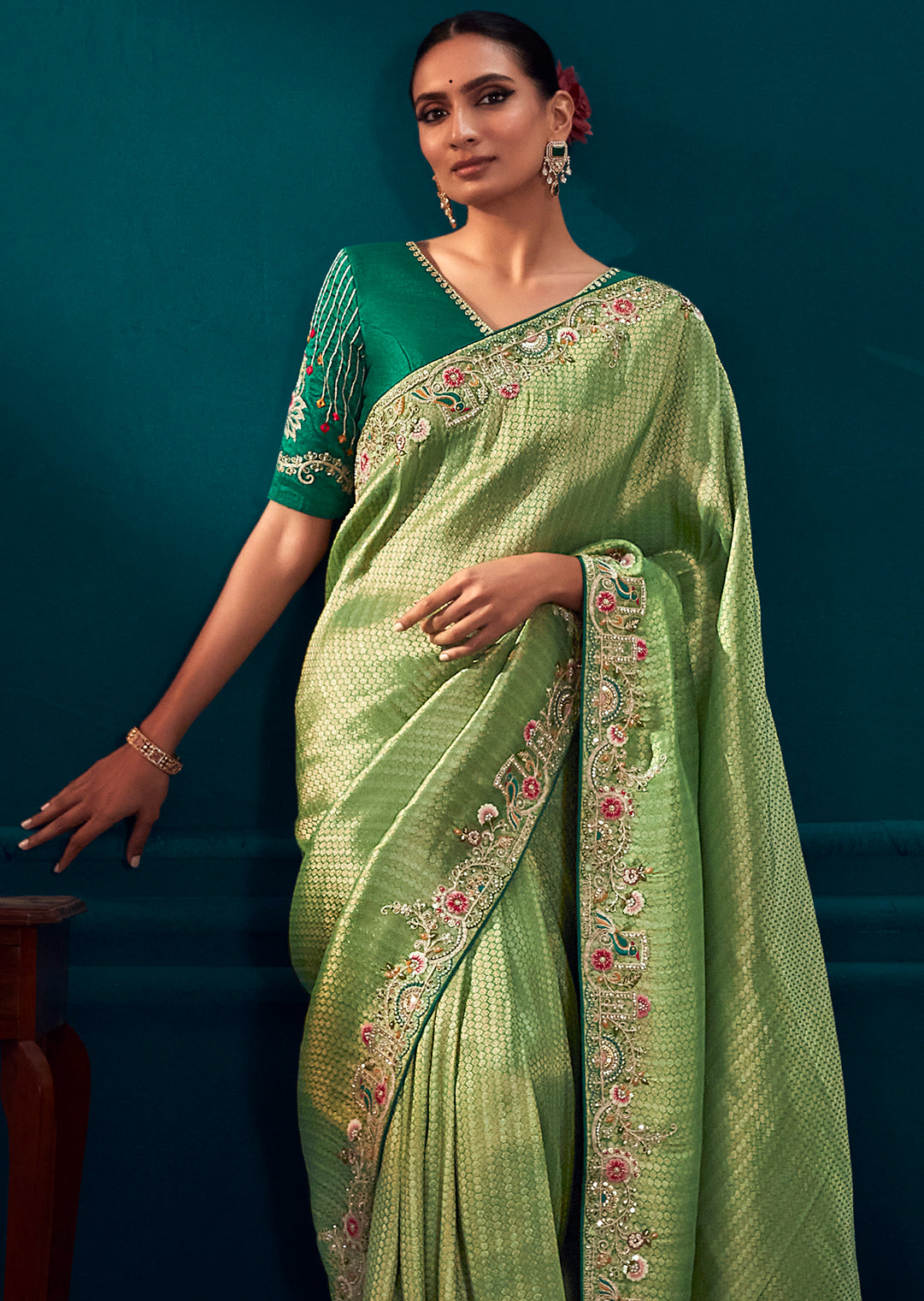 TEA GREEN HEAVY EMBROIDERED BROCADE DESIGNER KANJIVARAM SILK SAREE