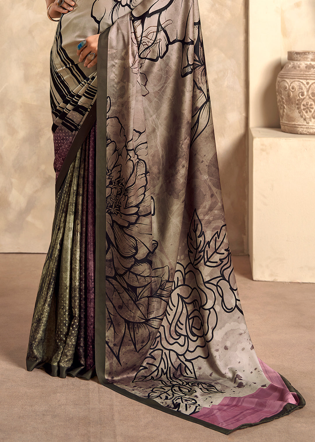 Beige Off White Woven Digital Printed Crepe Silk Saree