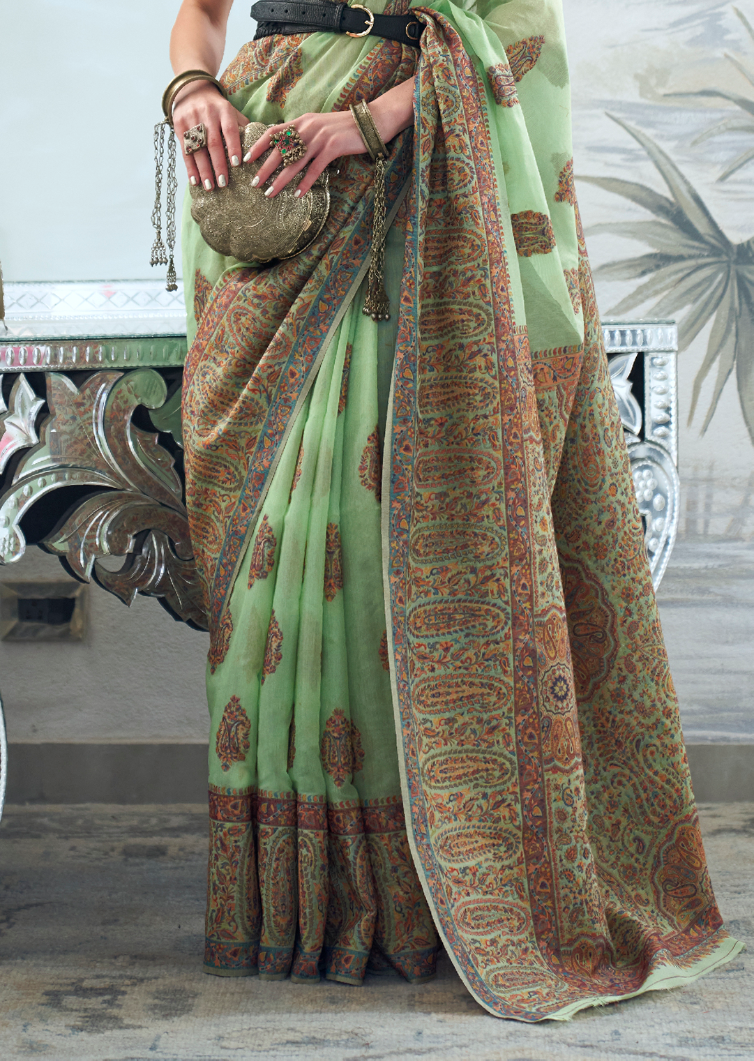 Tea Green Woven Pure Handloom Kashmiri Jamewar Saree