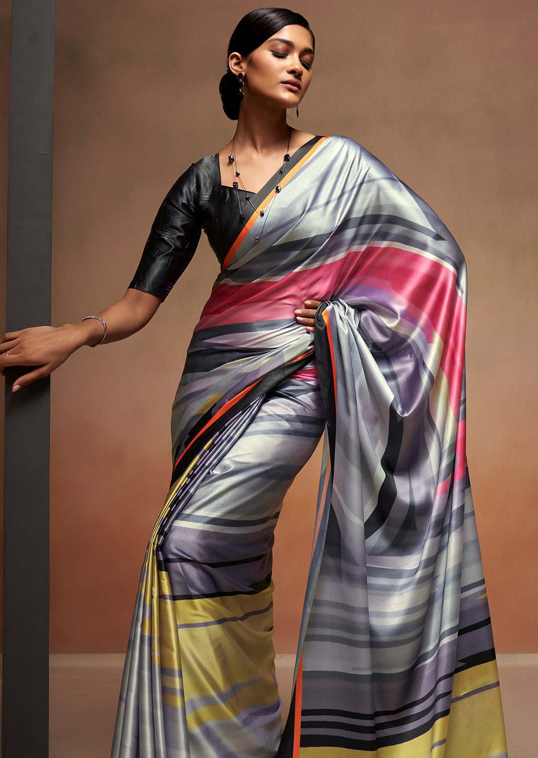 Grey Woven Digital Printed Satin Crepe Silk Saree