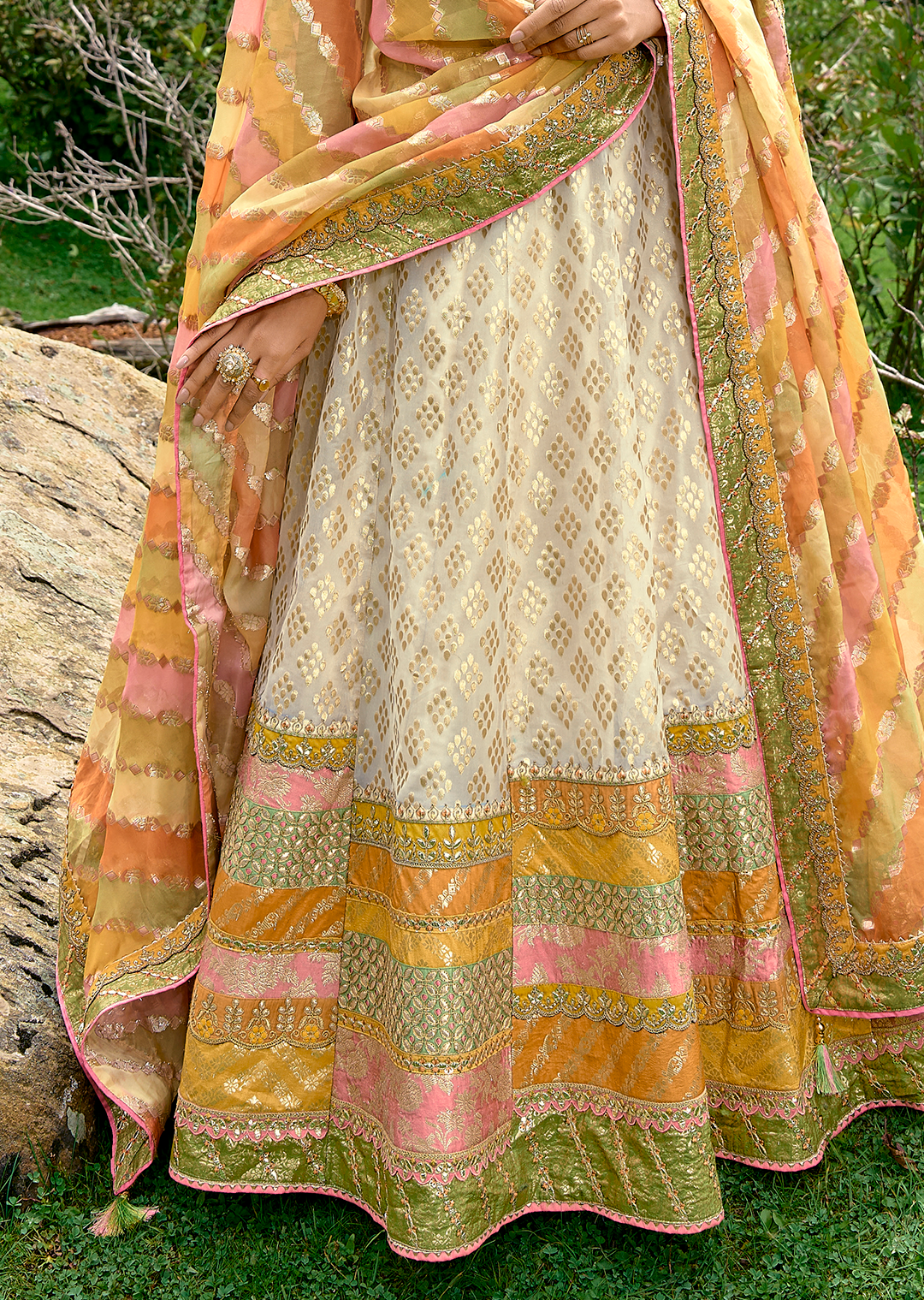 Golden Yellow & White Heavy Embroidered Premium Designer Silk Lehenga