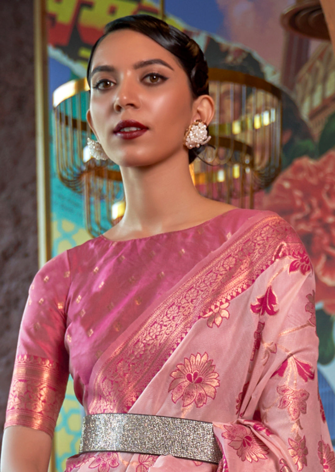 Pastel Pink Copper Zari Woven Pure Shimmer Organza Silk Saree