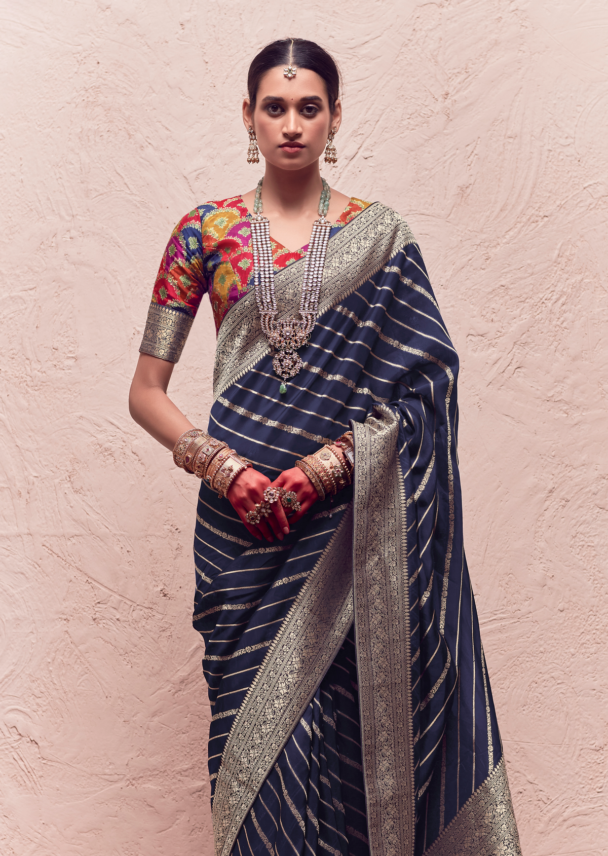 NAVY BLUE PURE CREPE SILK DESIGNER KHADDI BANARASI SAREE