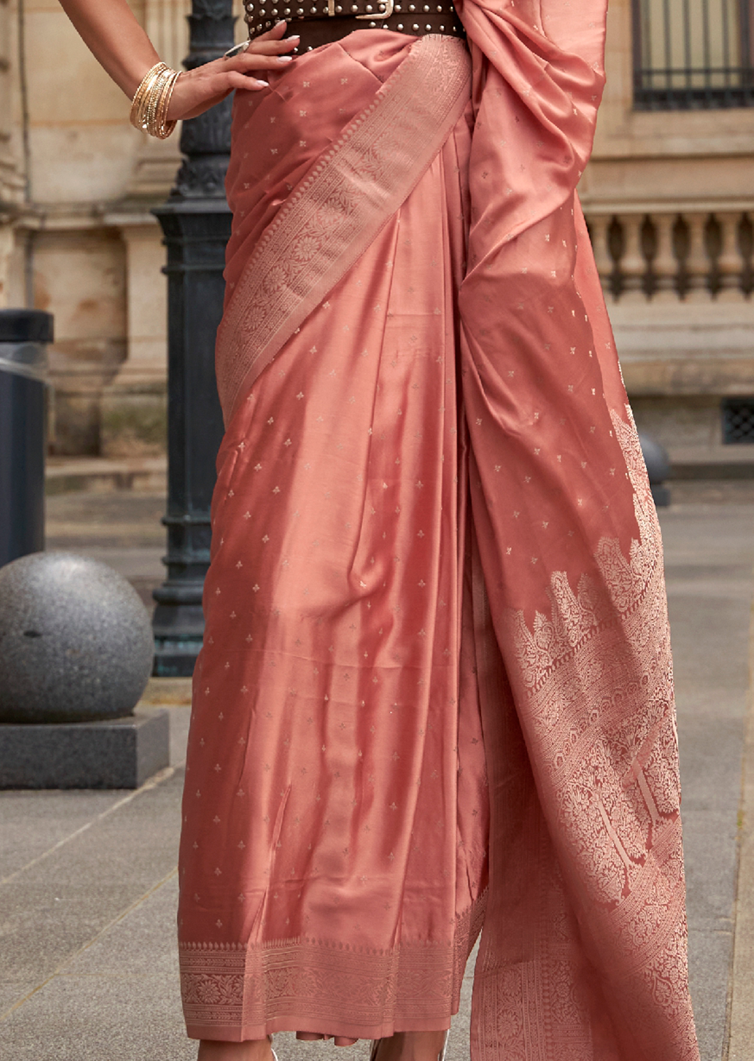 Peach Zari Woven Handloom Pure Banarasi Satin Silk Saree