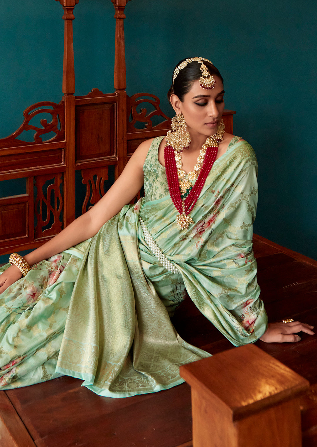 Tea Green Zari Woven Printed Handloom Crepe Silk Saree