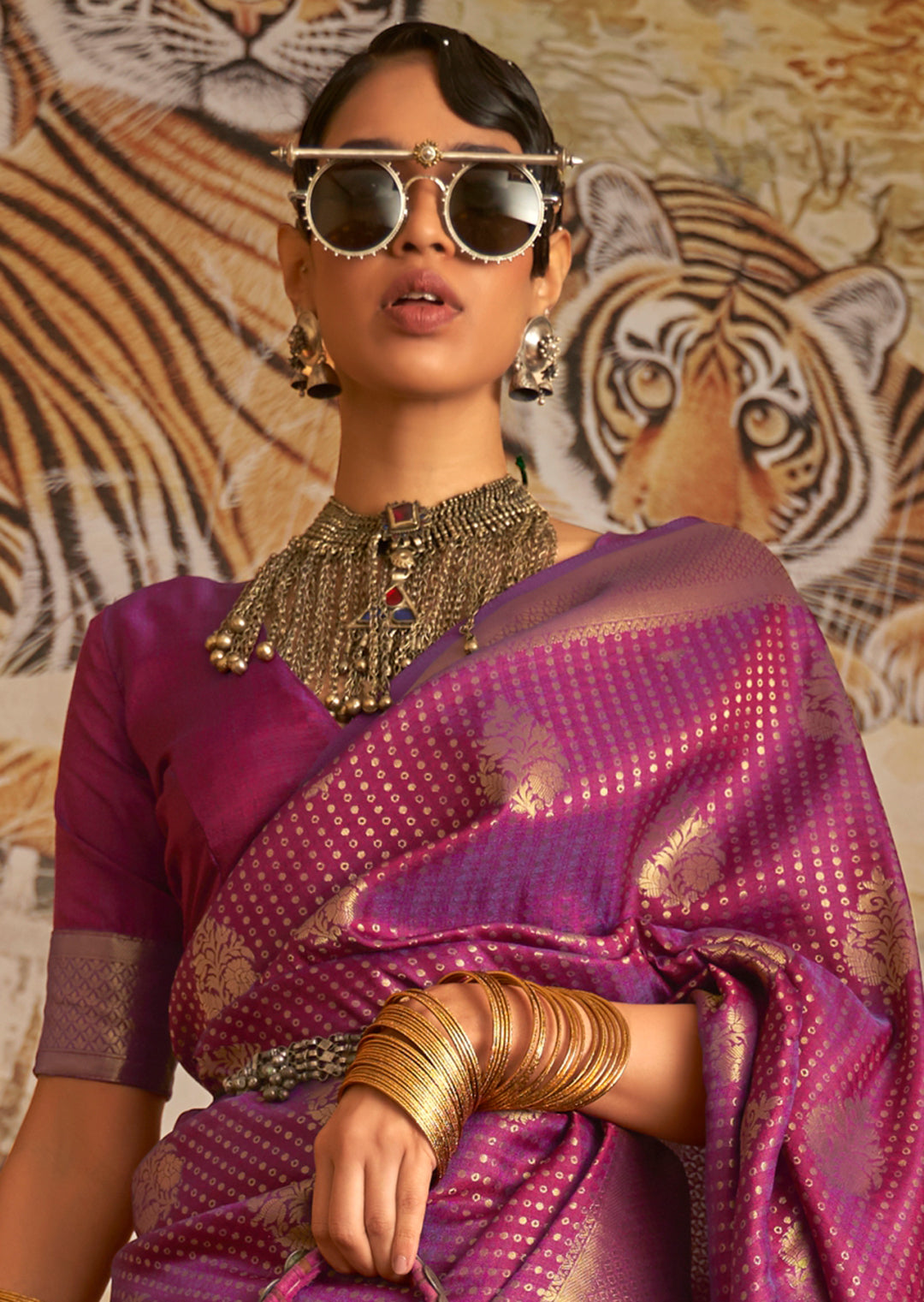 Purple Zari Woven Two Tone Chinon Kanjivaram Silk Saree