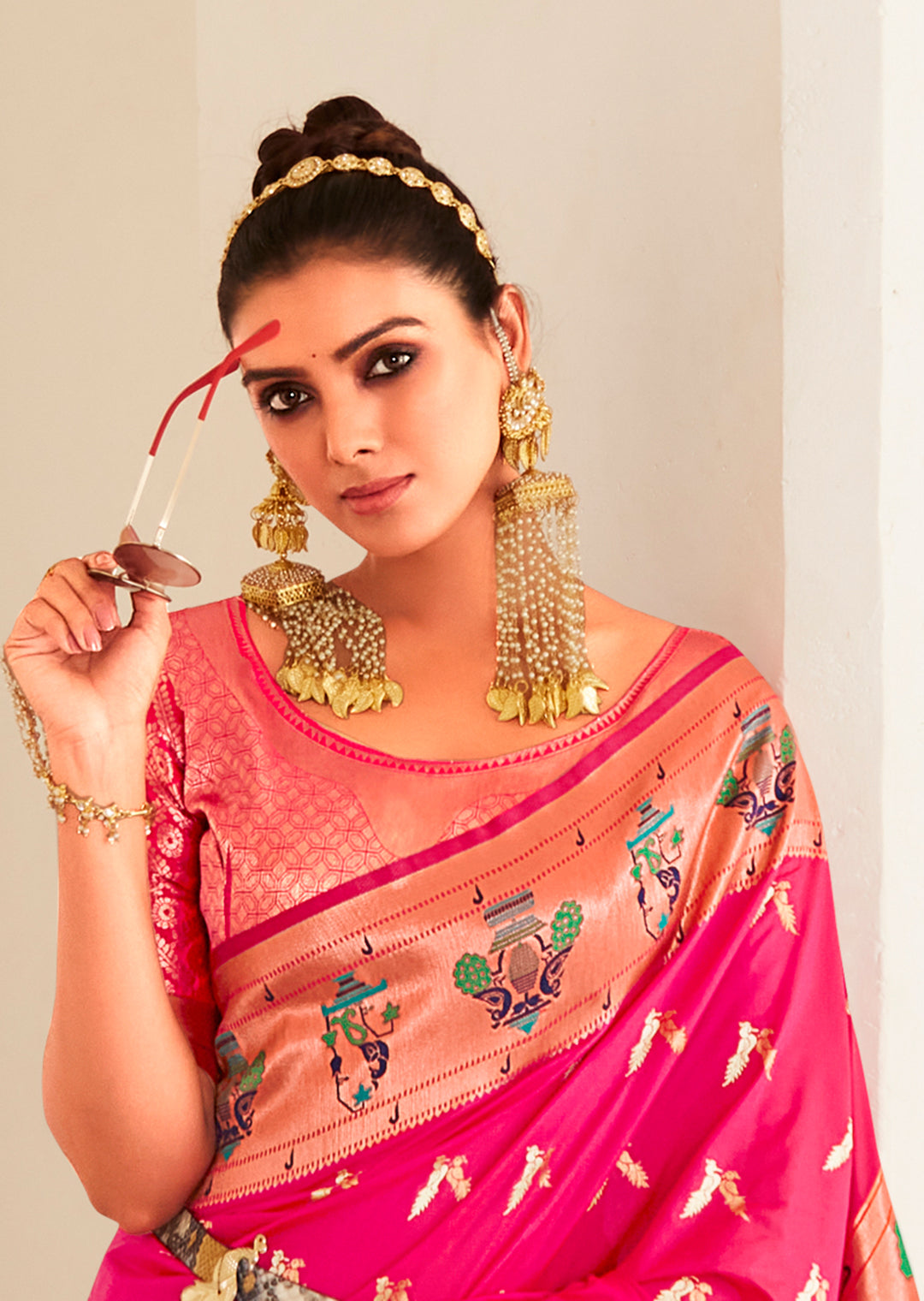 Hot Pink Copper Zari Woven Traditional Paithani Silk Saree