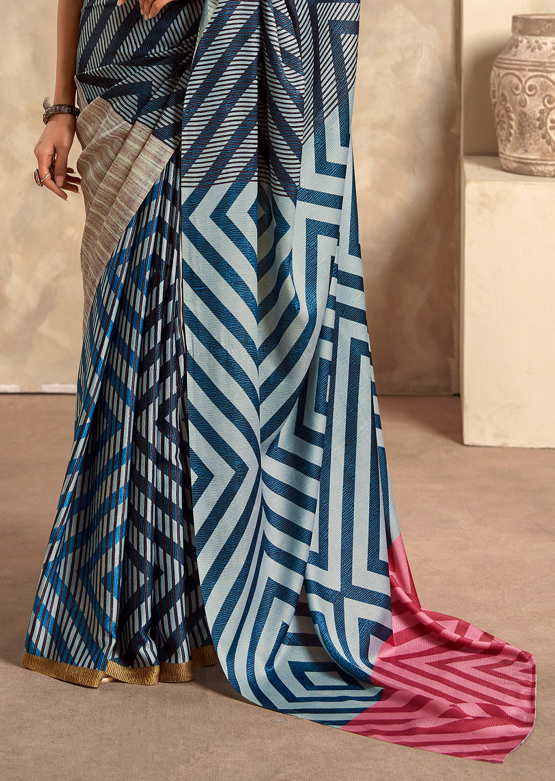 Blue Woven Digital Printed Crepe Silk Saree