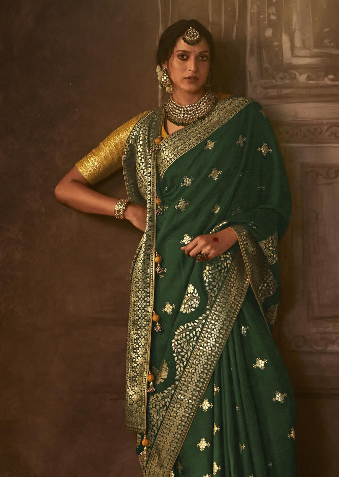 BOTTLE GREEN WOVEN PURE CREPE SILK DESIGNER BANARASI SAREE