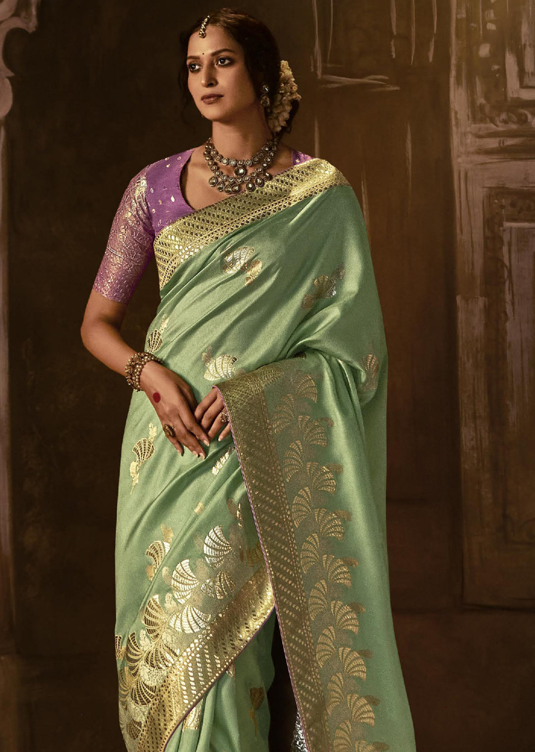 TEA GREEN WOVEN PURE CREPE SILK DESIGNER BANARASI SAREE