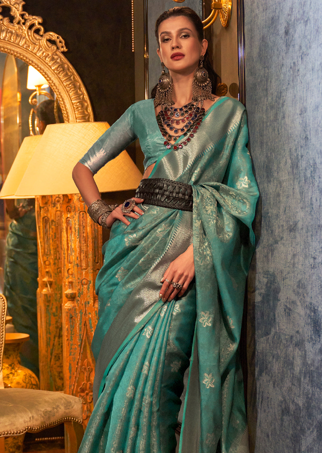 Turquoise Blue Zari Woven Two Tone Pure Handloom Organza Silk Saree