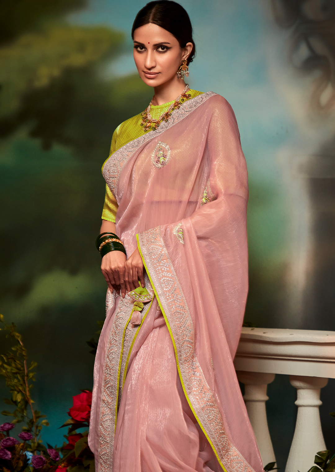 LEMONADE PINK PURE TISSUE SILK SWAROVSKI DESIGNER SAREE