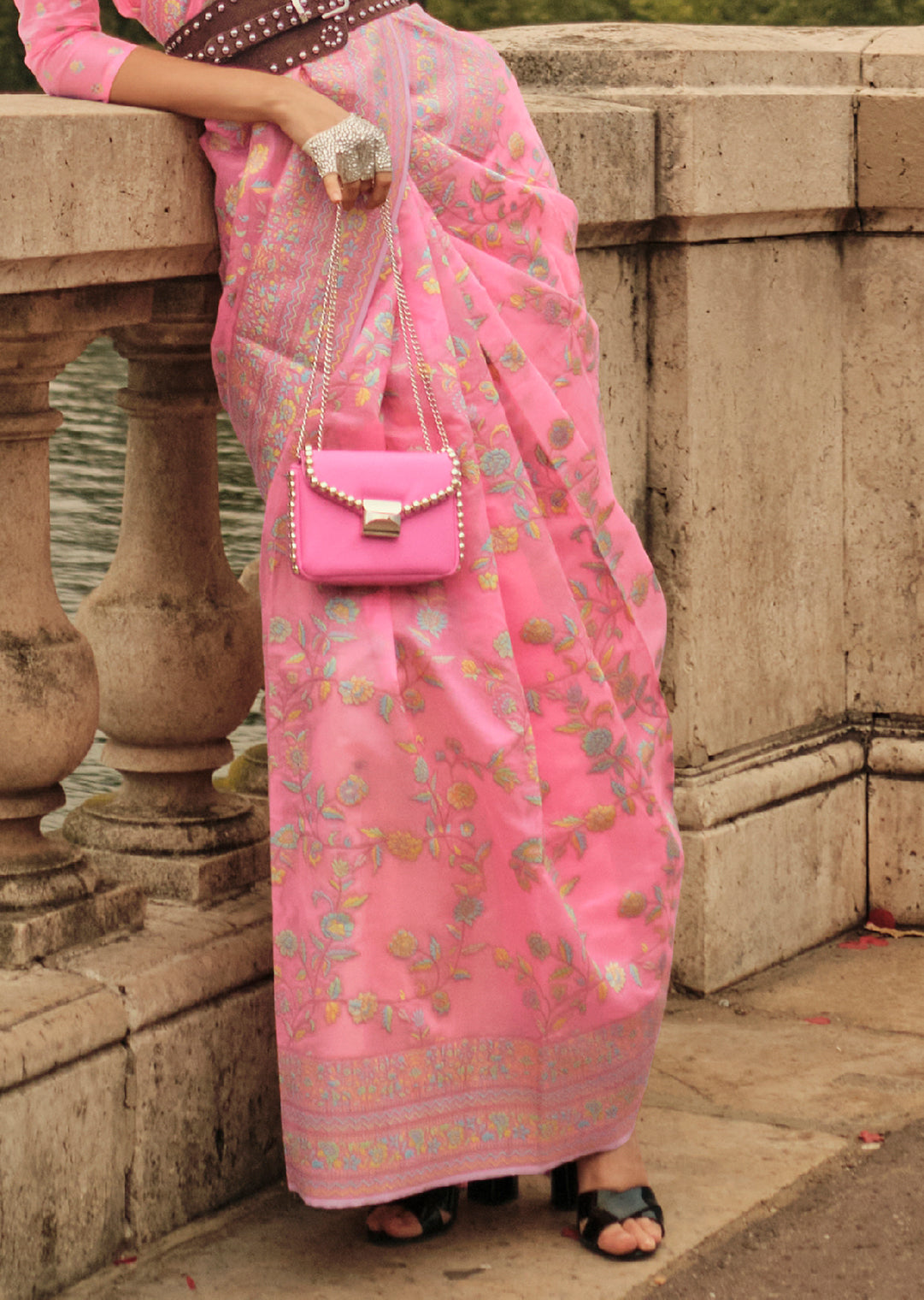 Carnation Pink Woven Pure Handloom Kashmiri Organza Silk Saree