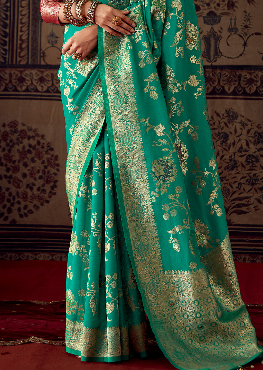 MARINE GREEN MEENAKARI WOVEN DESIGNER BANARASI SILK SAREE