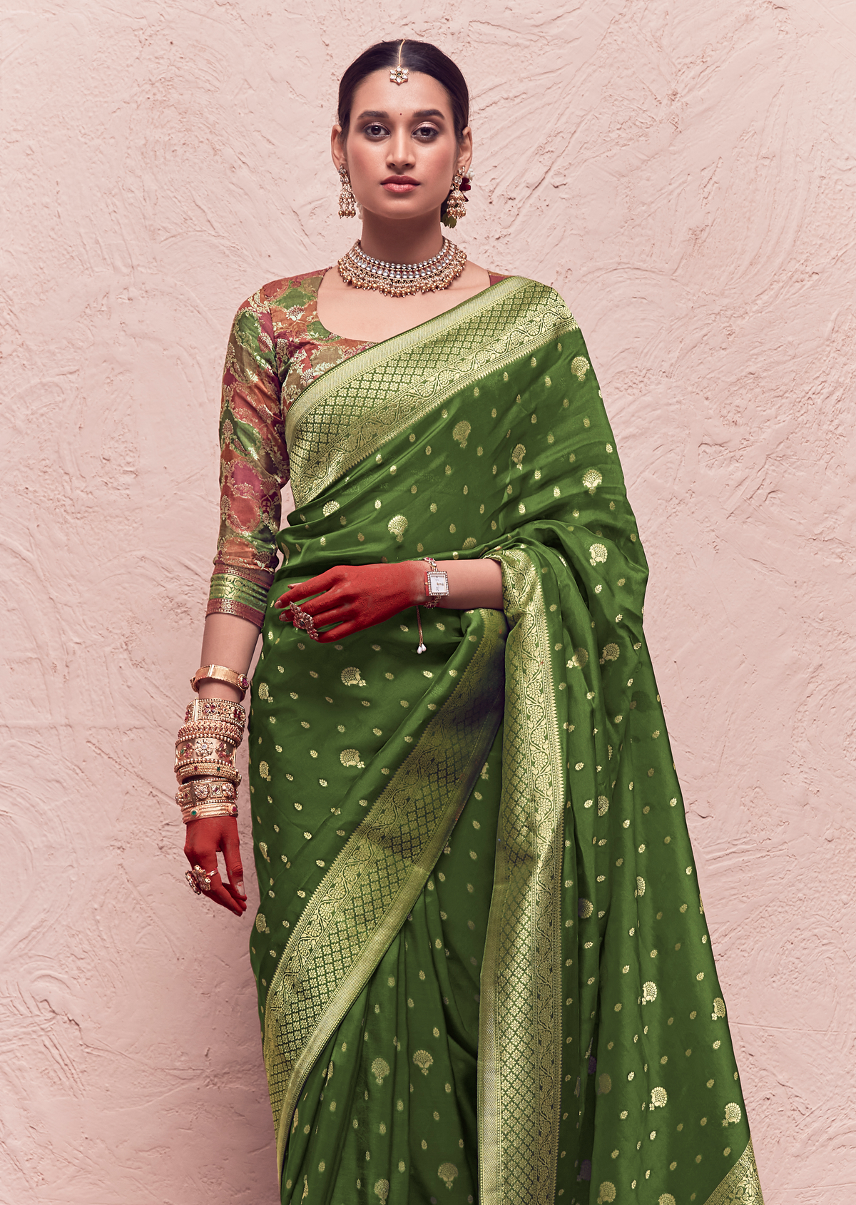 DEEP OLIVE GREEN PURE CREPE SILK DESIGNER KHADDI BANARASI SAREE