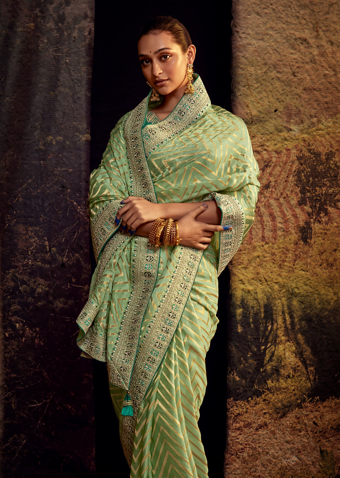 TEA GREEN HEAVY EMBROIDERED DESIGNER SILK SAREE