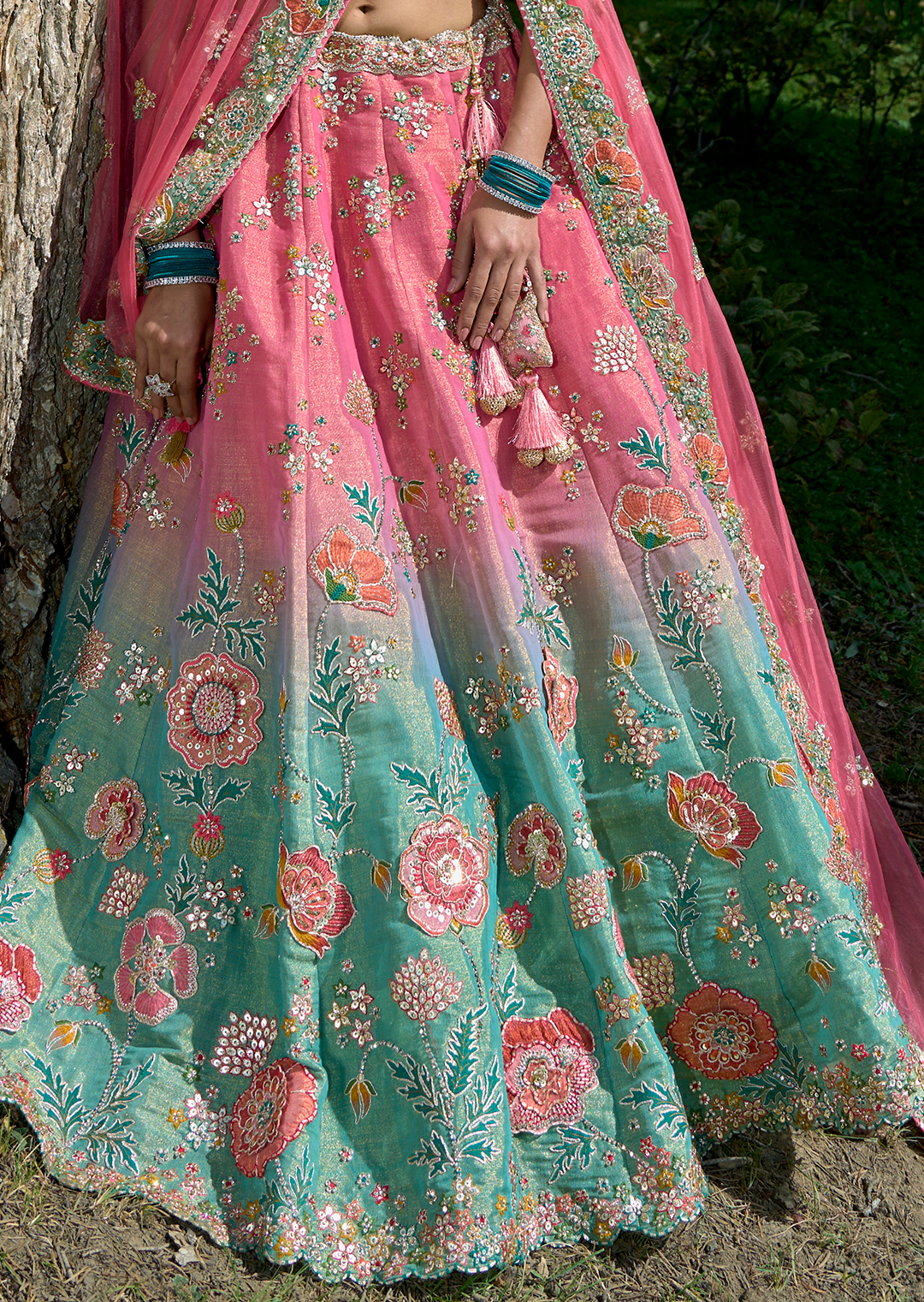 Carrot Pink & Pearl Aqua Hand Worked Premium Designer Silk Lehenga