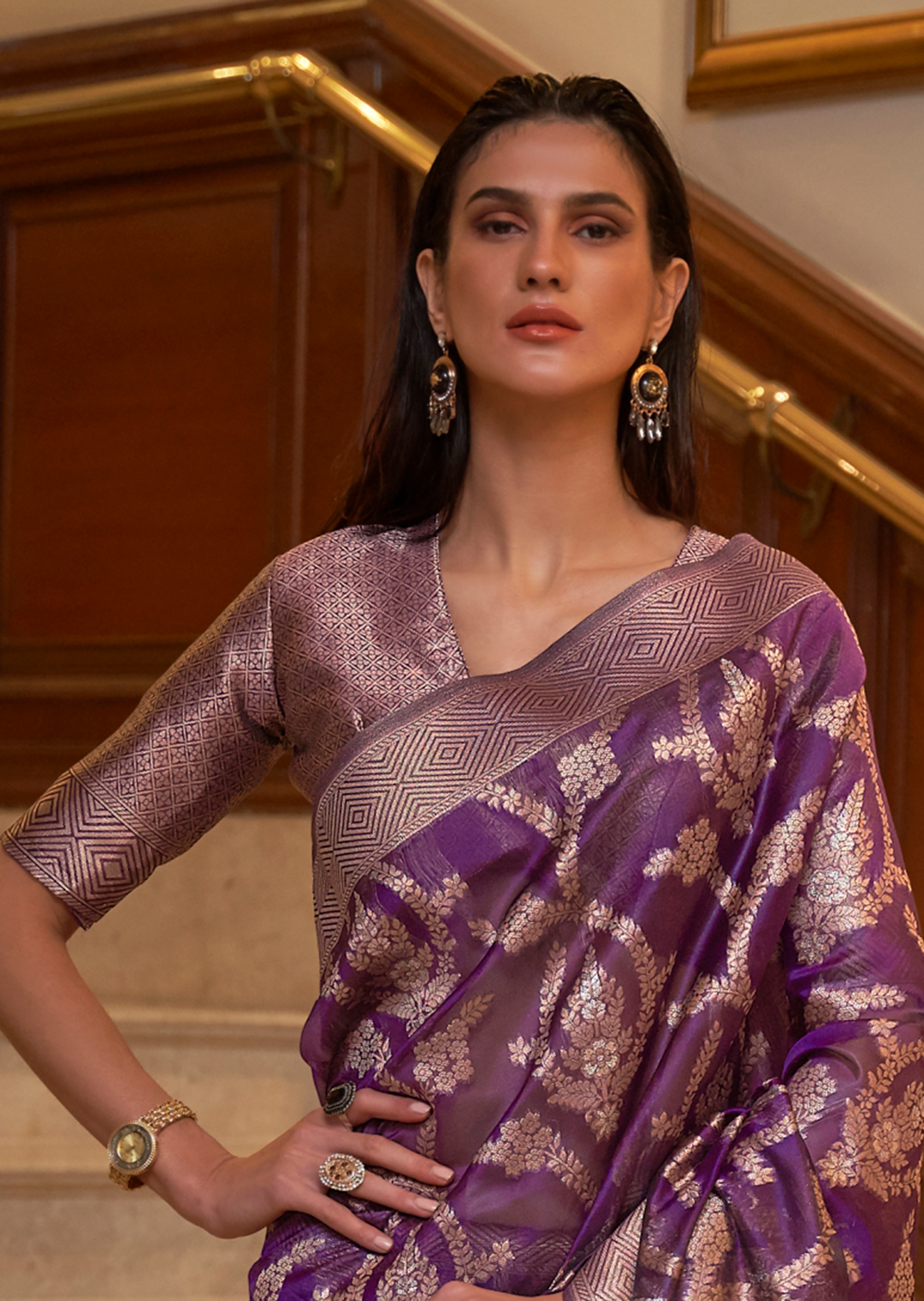 PLUM PURPLE  ZARI WOVEN HANDLOOM ORGANZA SILK SAREE