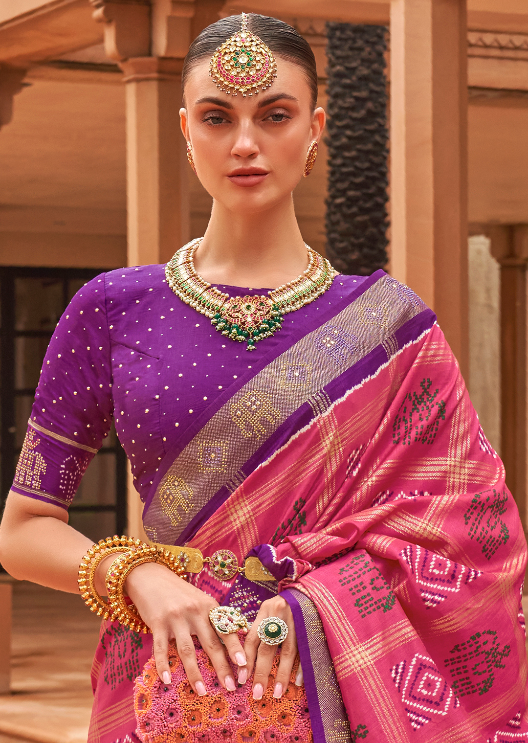 Brink Pink Woven Traditional Bandhani Patola Silk Saree