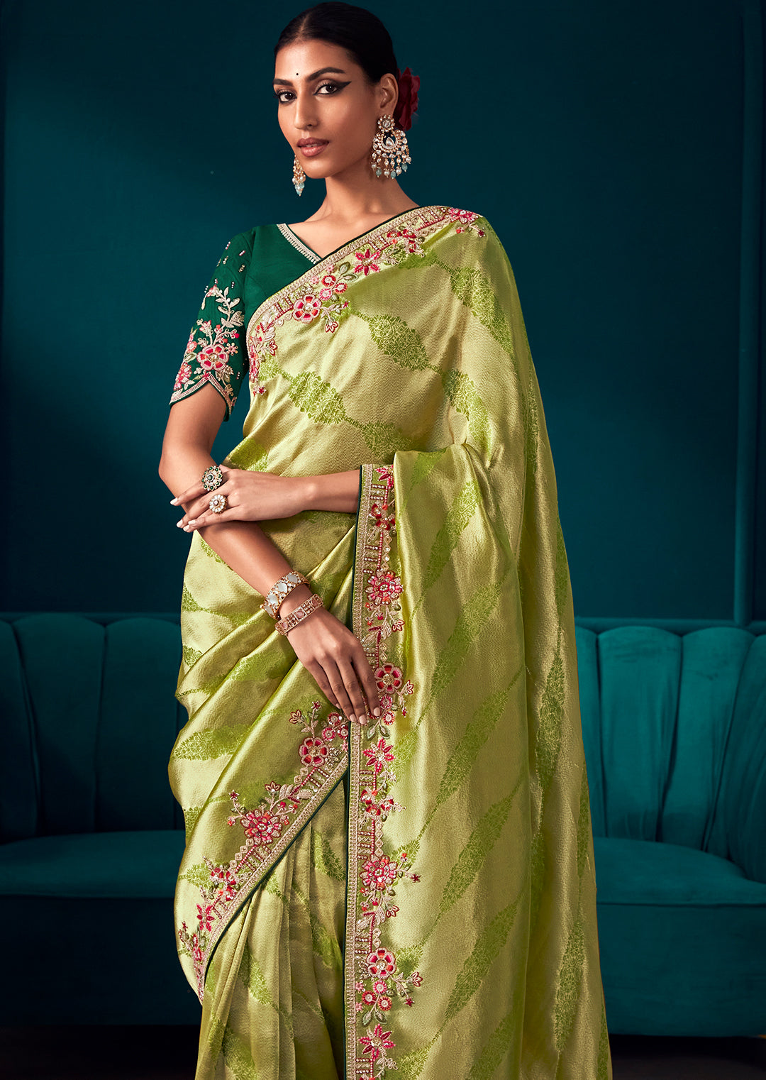 LAWN GREEN HEAVY EMBROIDERED BROCADE DESIGNER KANJIVARAM SILK SAREE