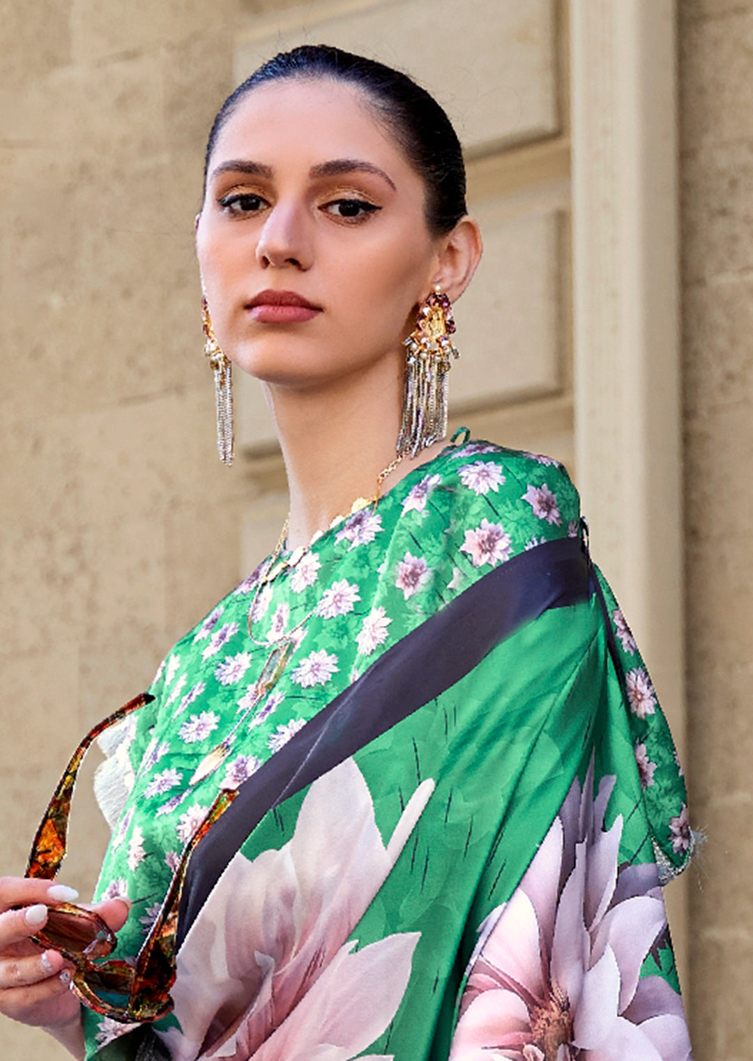 Jade Green Woven Digital Printed Satin Crepe Silk Saree