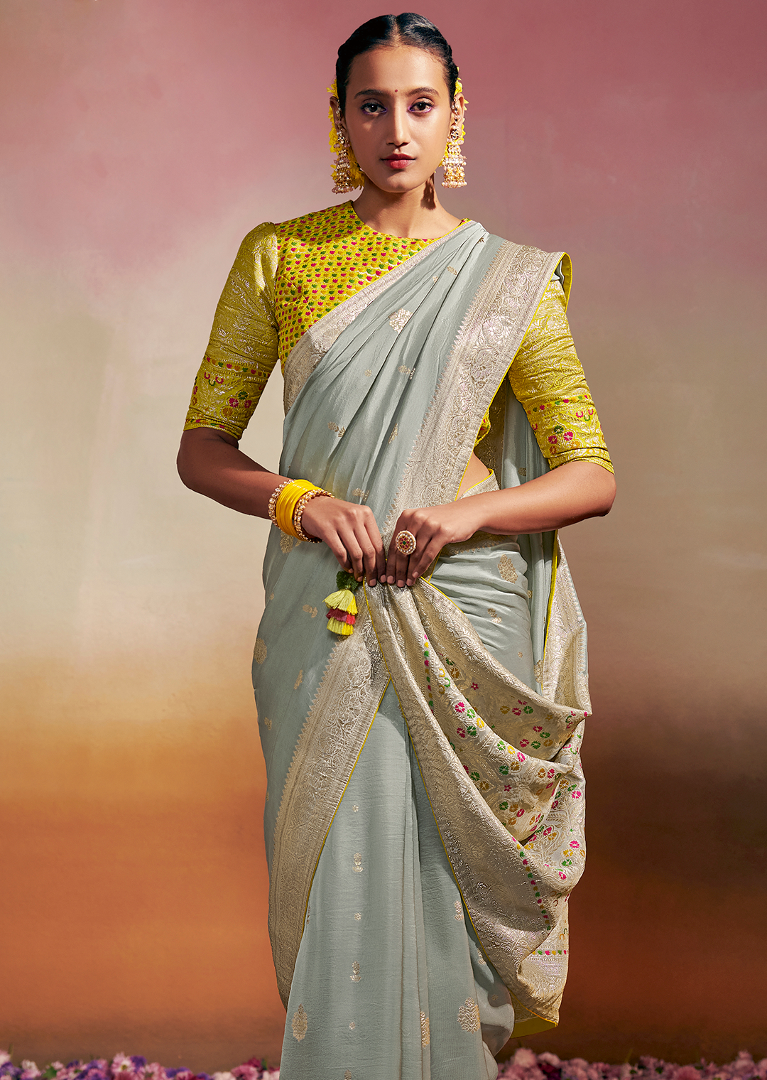 STONE BLUE WOVEN PURE CHINON CHIFFON DESIGNER SILK SAREE