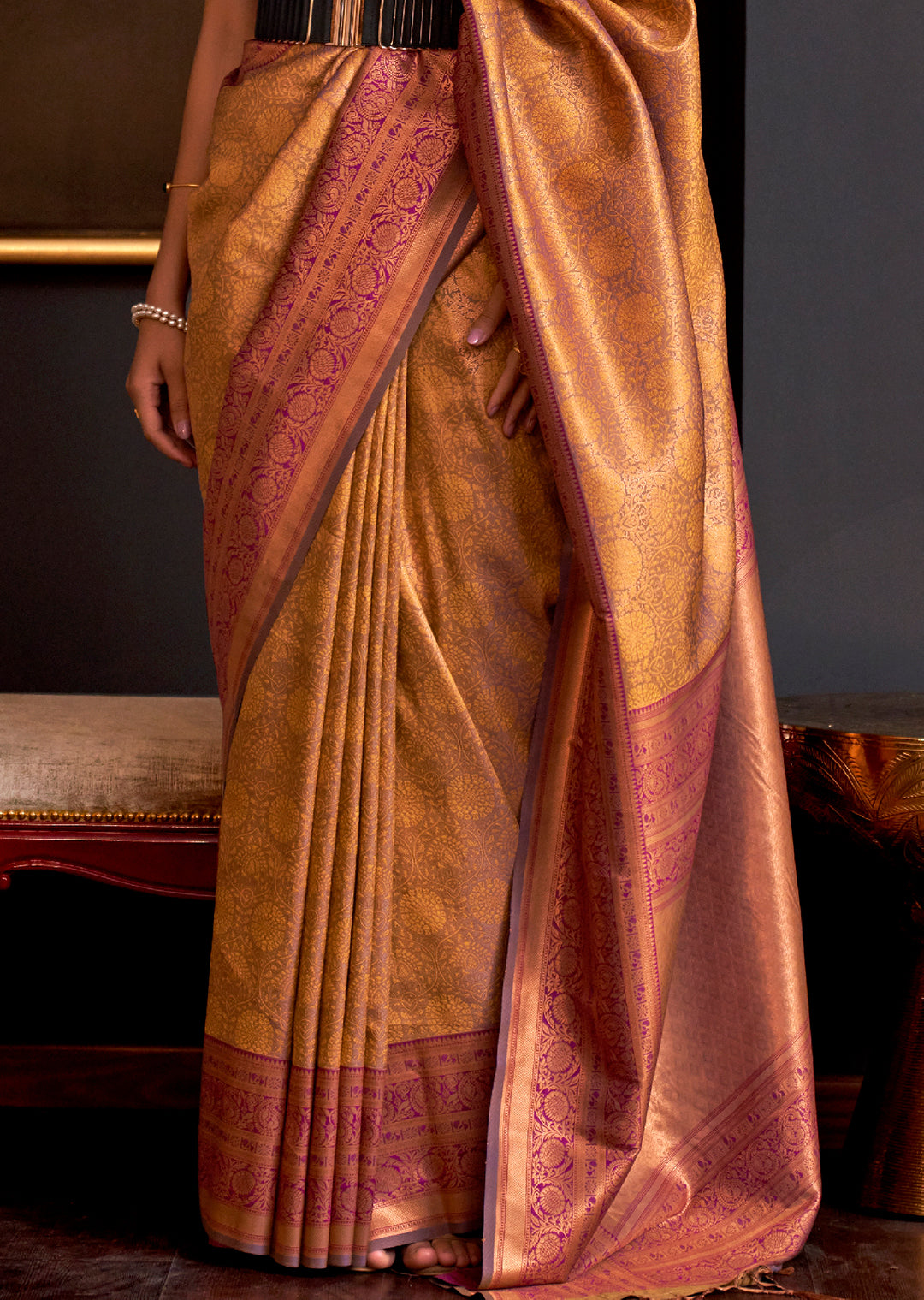 Golden Mustard Yellow Zari Woven Pure Handloom Kanjivaram Silk Saree