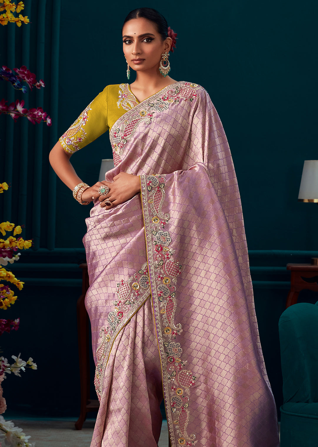 WISTERIA PURPLE HEAVY EMBROIDERED BROCADE DESIGNER KANJIVARAM SILK SAREE